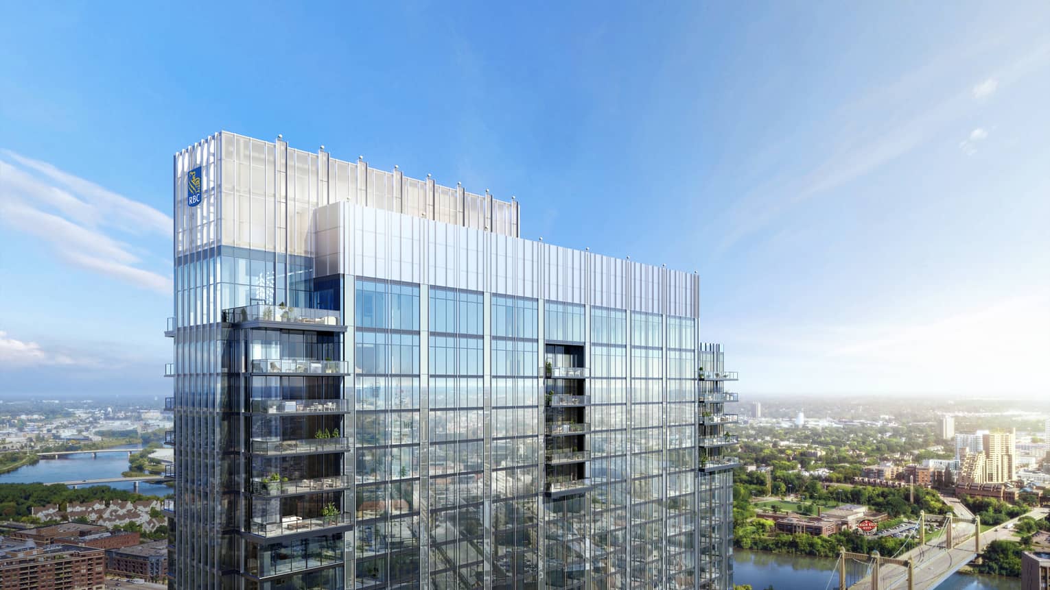 Exterior view of glass hotel building in the city
