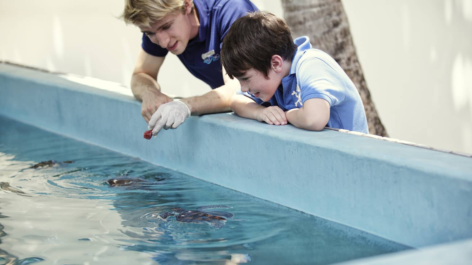 Boy stands next to man feeding marine life in large pool