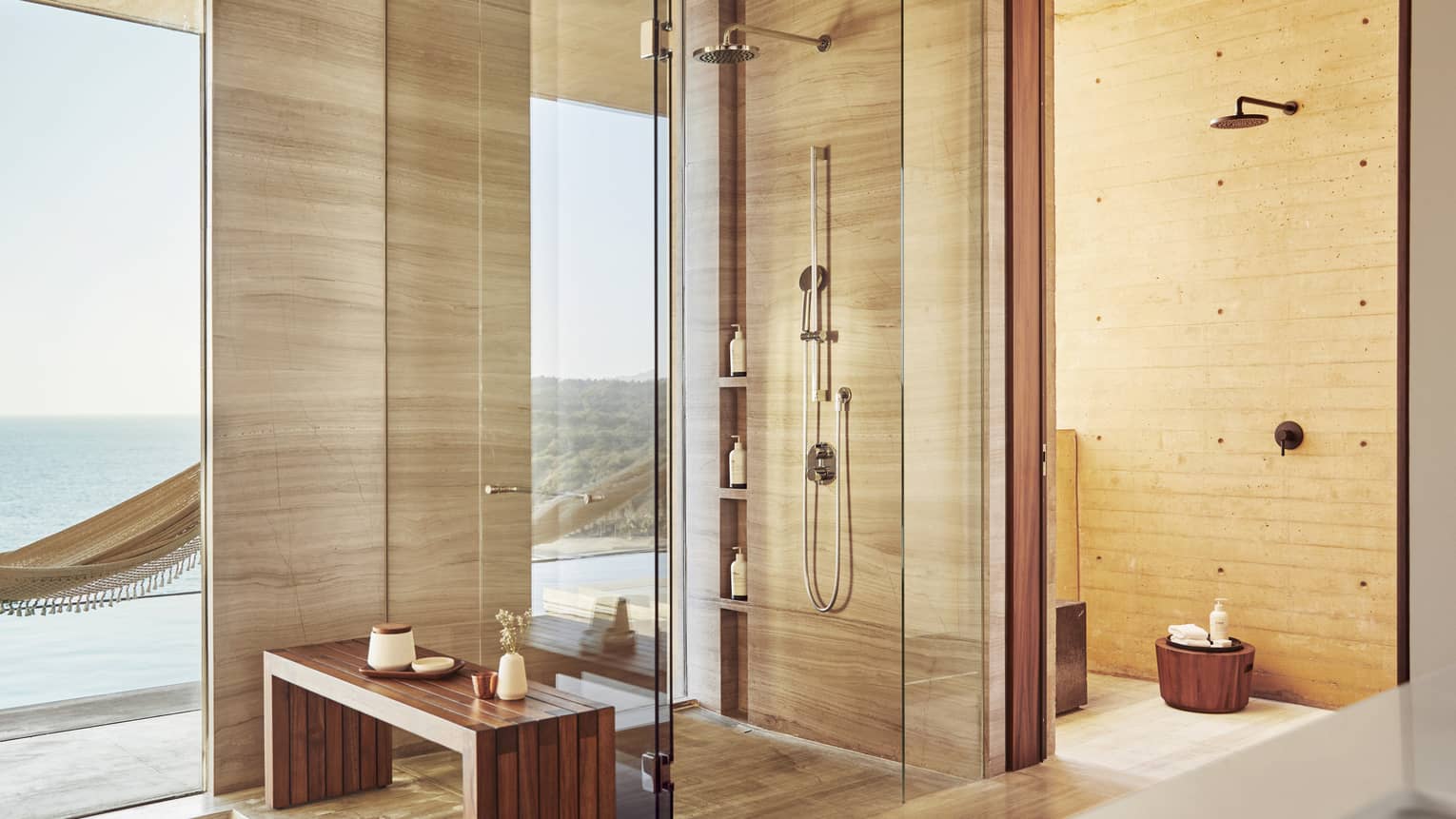 Large modern bathroom with walk-out ocean-view terrace