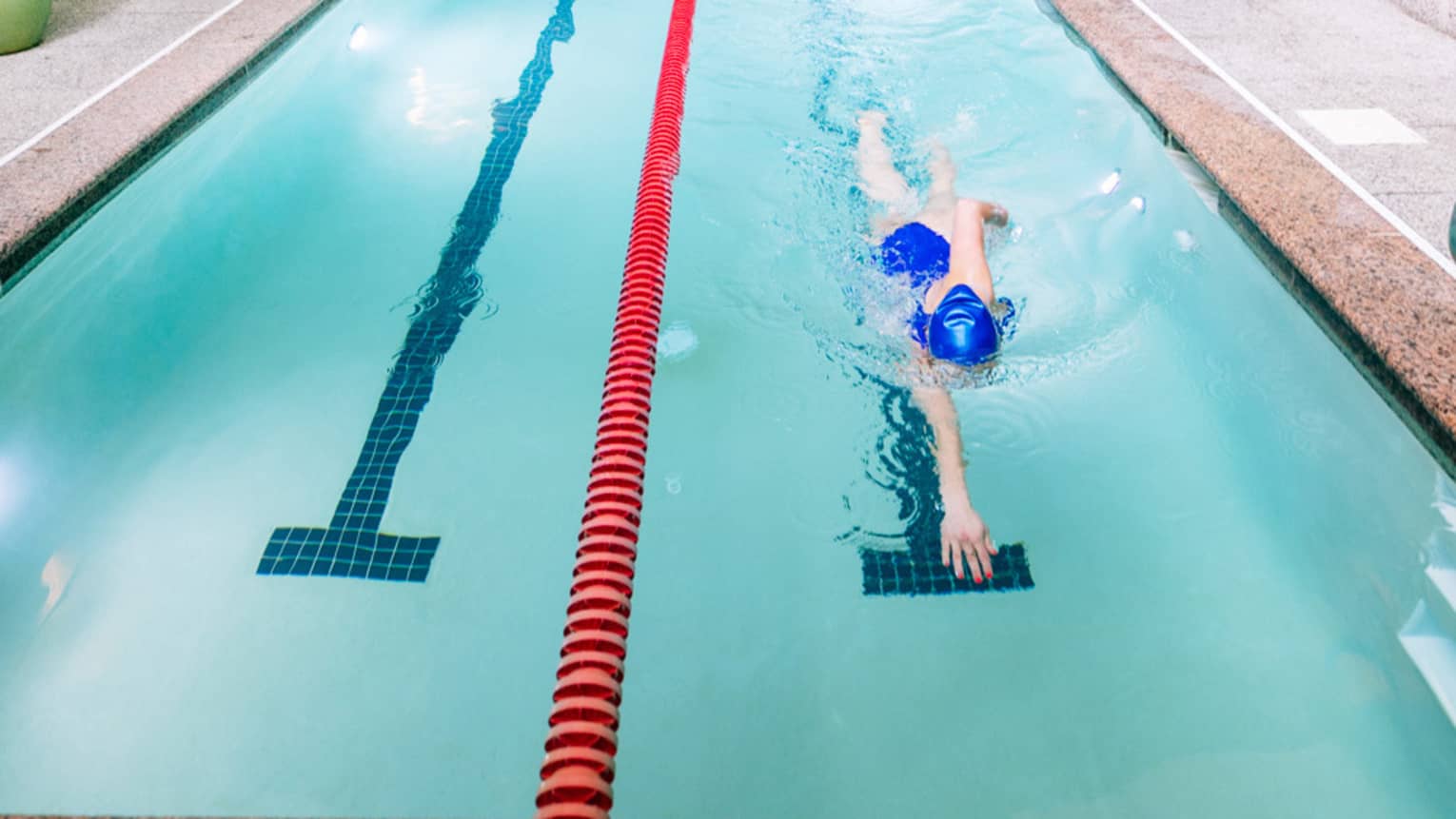 A woman swims laps in an olympic-sized pool
