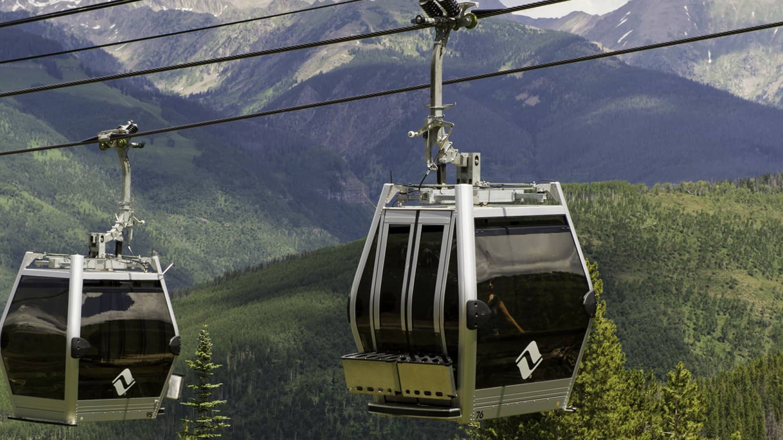 Two gondolas travelling over a forested area.