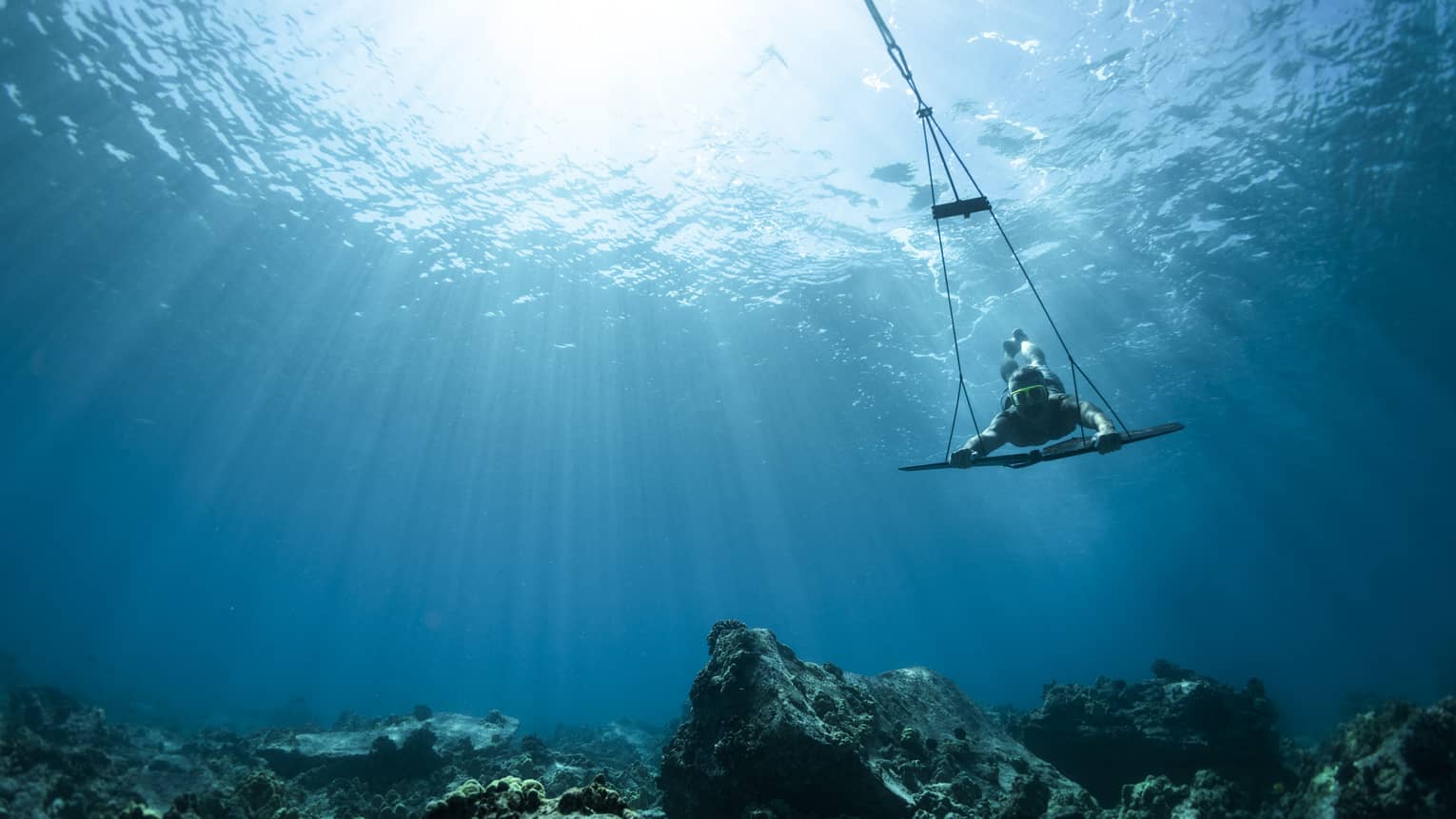 A guest uses a subwing to explore underwater