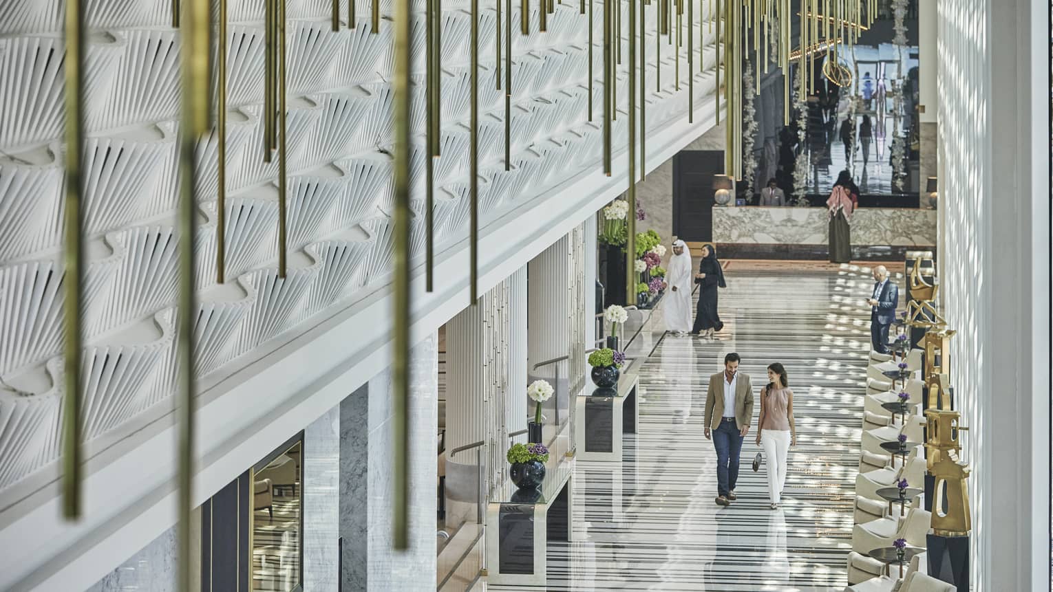 View of the white marble lobby of Four Seasons Hotel Abu Dhabi at Al Maryah Island