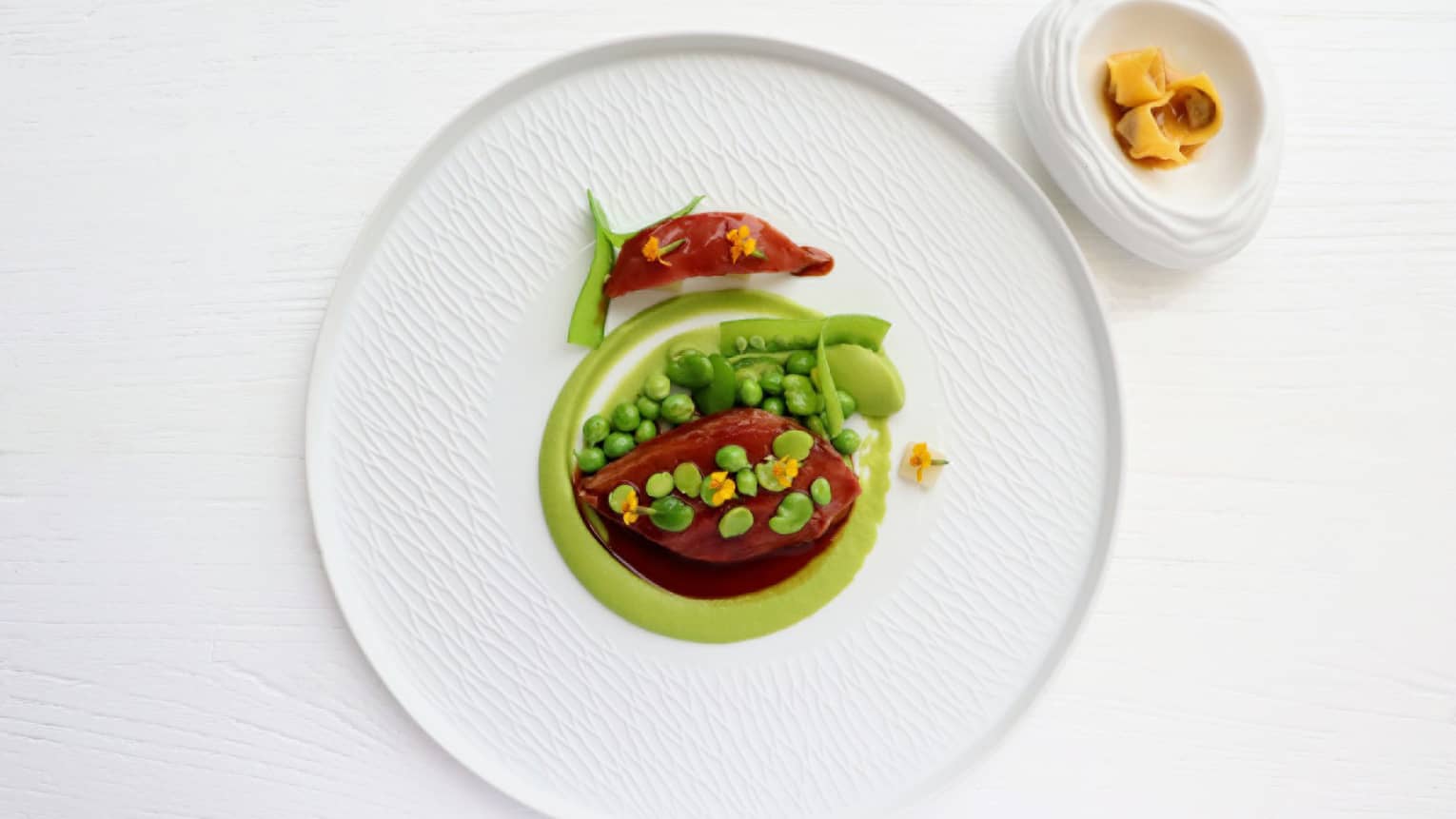 PICCIONE PETTO e COSCIA ?�Pigeon Breast and Thigh, Green Peas, Fava Beans, Turnips