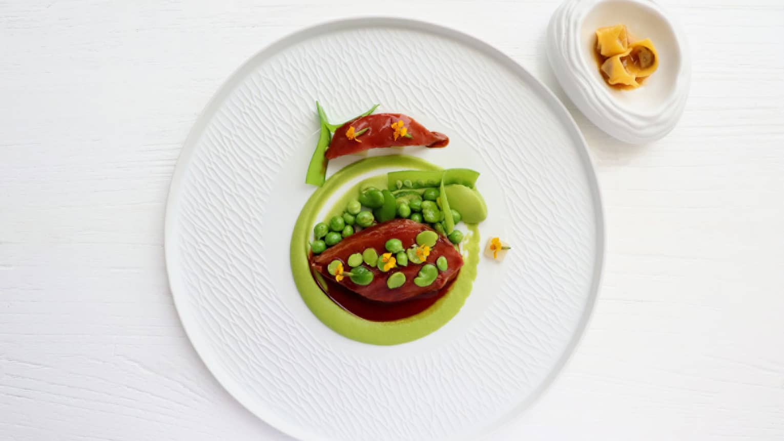 PICCIONE PETTO e COSCIA ?�Pigeon Breast and Thigh, Green Peas, Fava Beans, Turnips