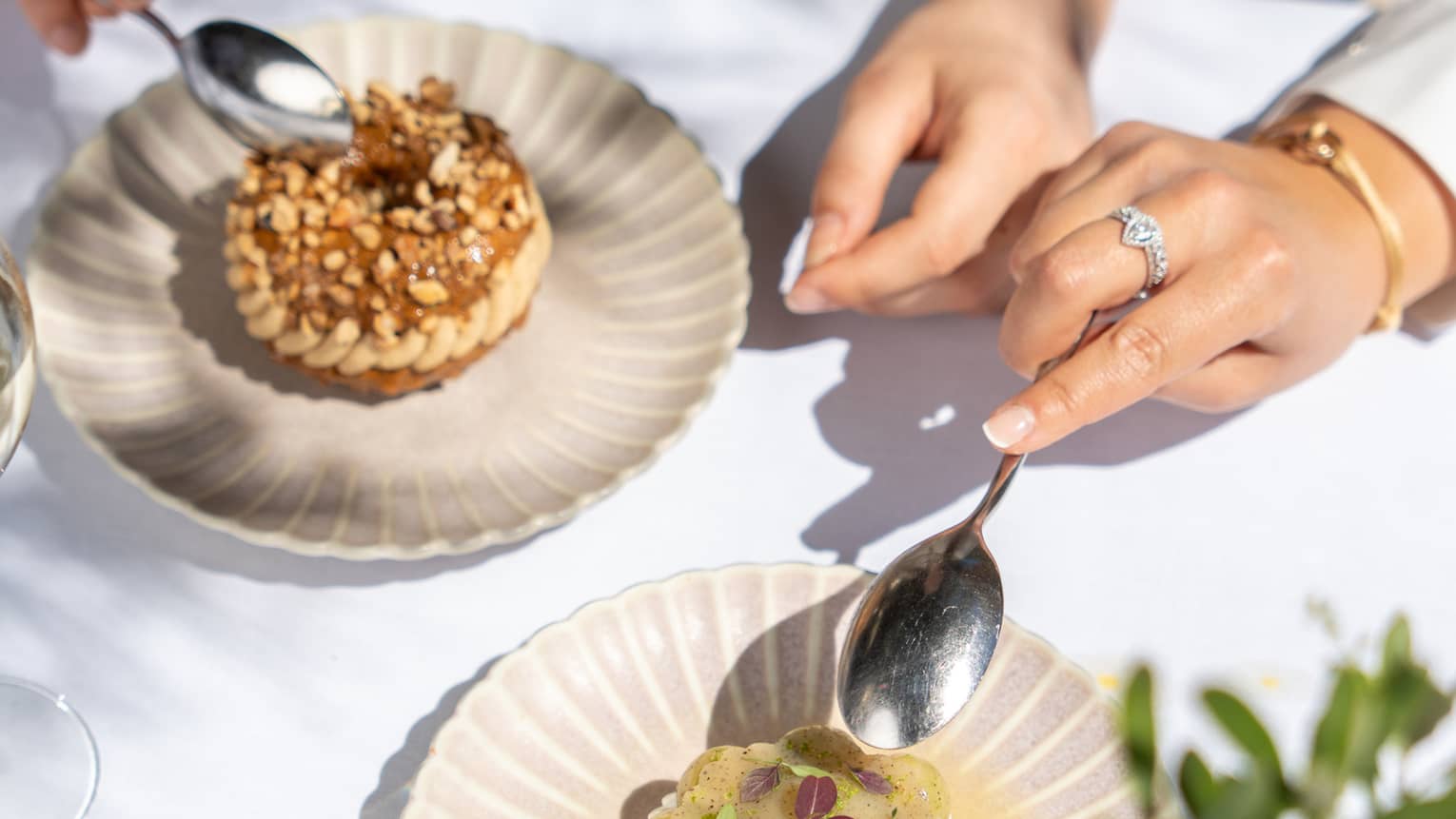 Two people partake of elegant desserts on artistic scallop-edged plates.