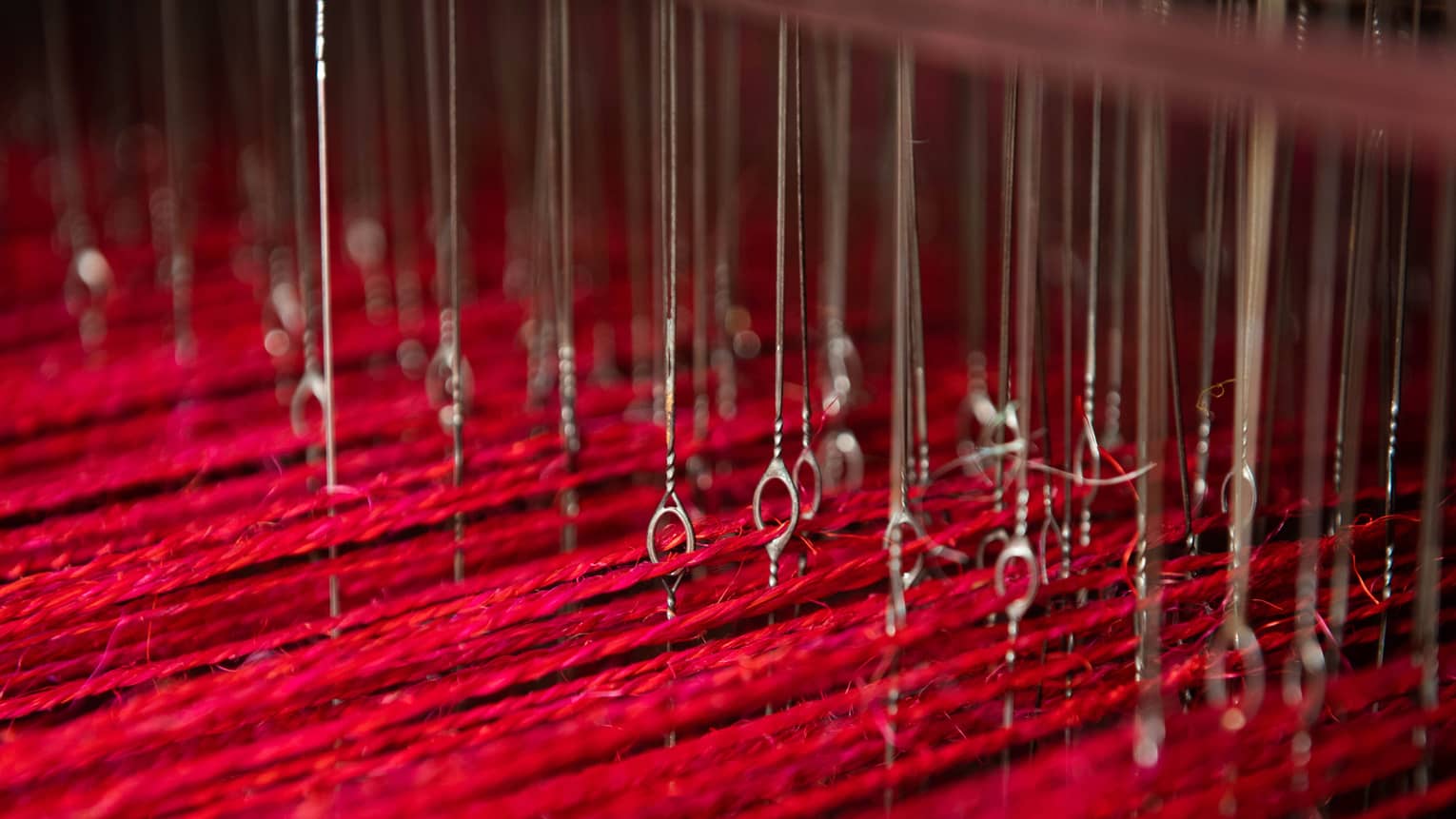 Long pieces of red string suspended by a series of wire.