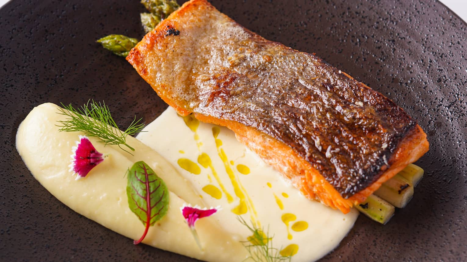 Pan-Fried Tasmanian Salmon, Grilled Asparagus, Lemon Butter Sauce