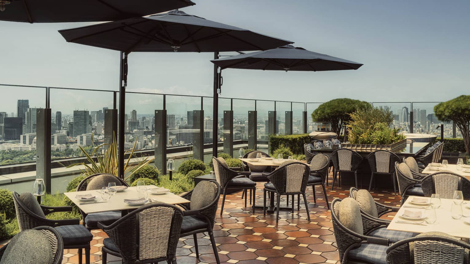 Outdoor restaurant terrace with city views