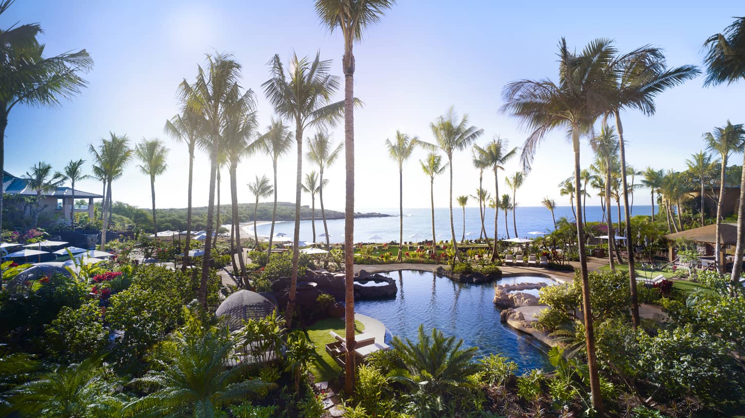 View over Four Seasons Resort Hawaii, Lanai outdoor swimming pools, palm trees by ocean