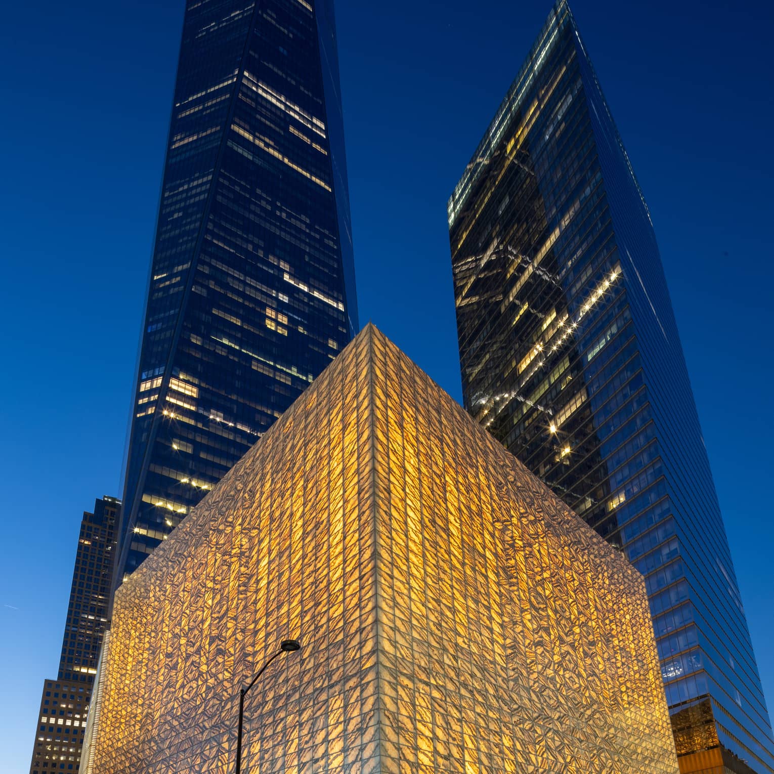 Urban performing arts center building at night