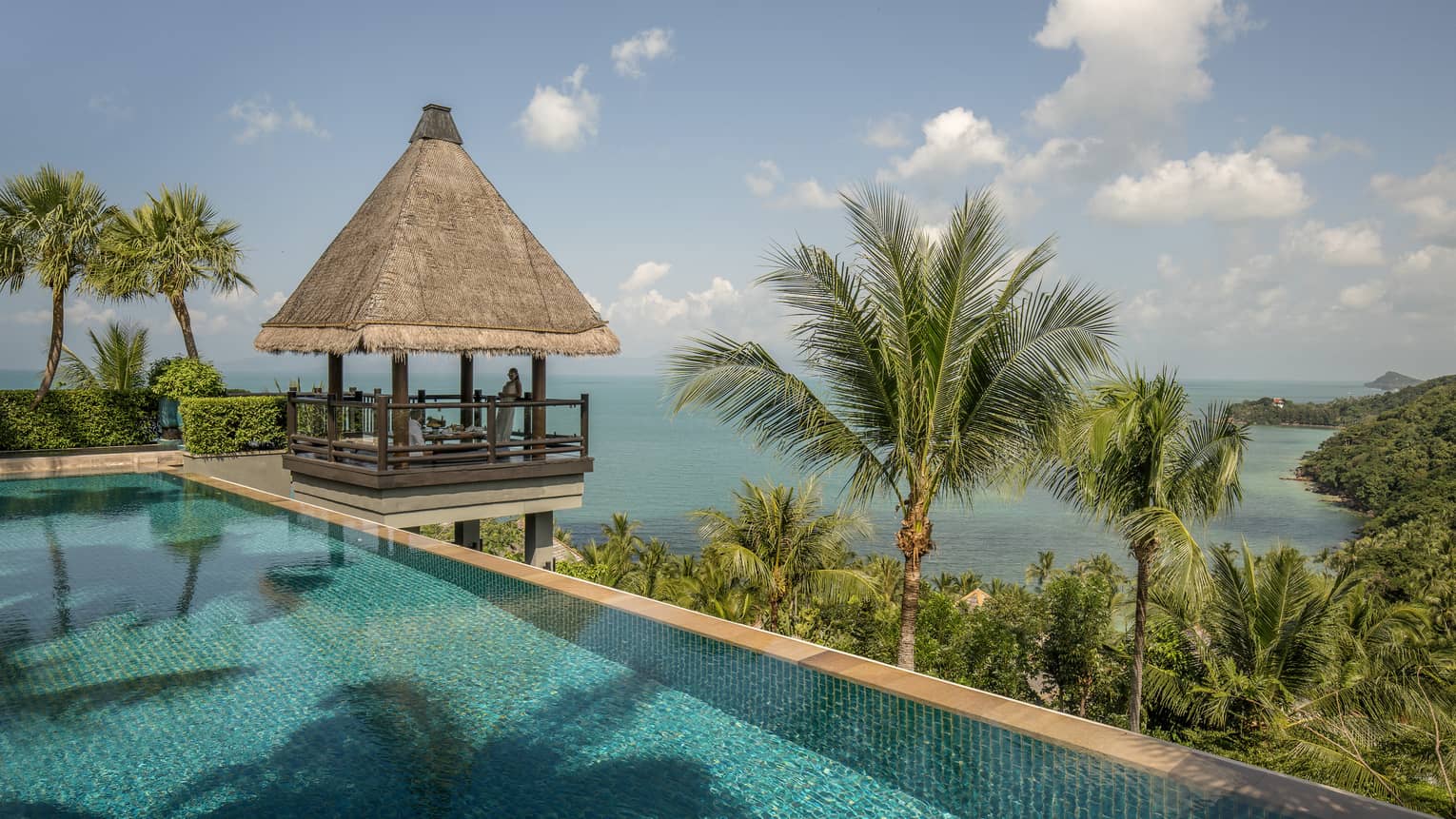 Thatched-roof pavilion at edge of outdoor swimming pool overlooking tropical trees, mountain, ocean