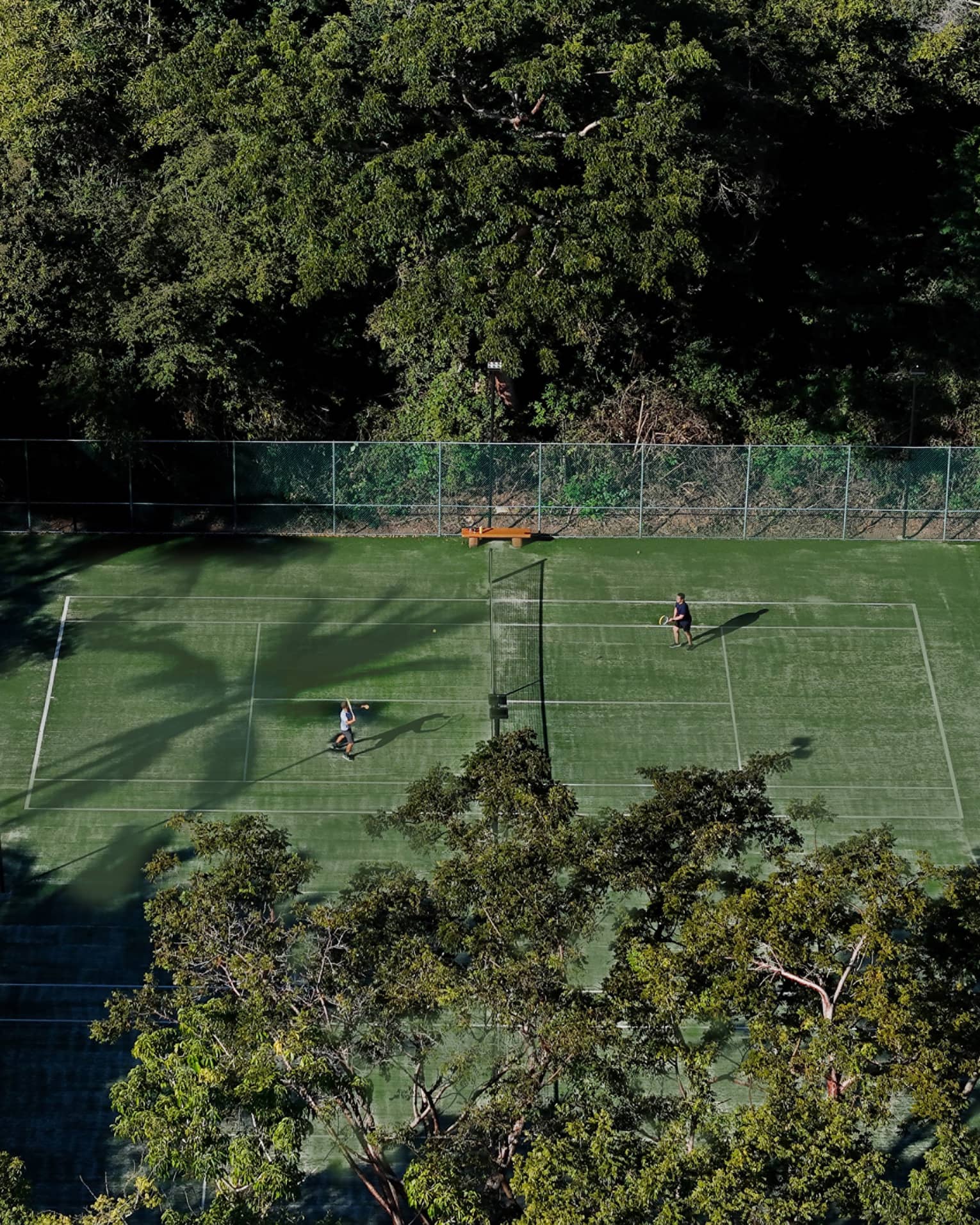 Two people play tennis on a green court surrounded by trees.