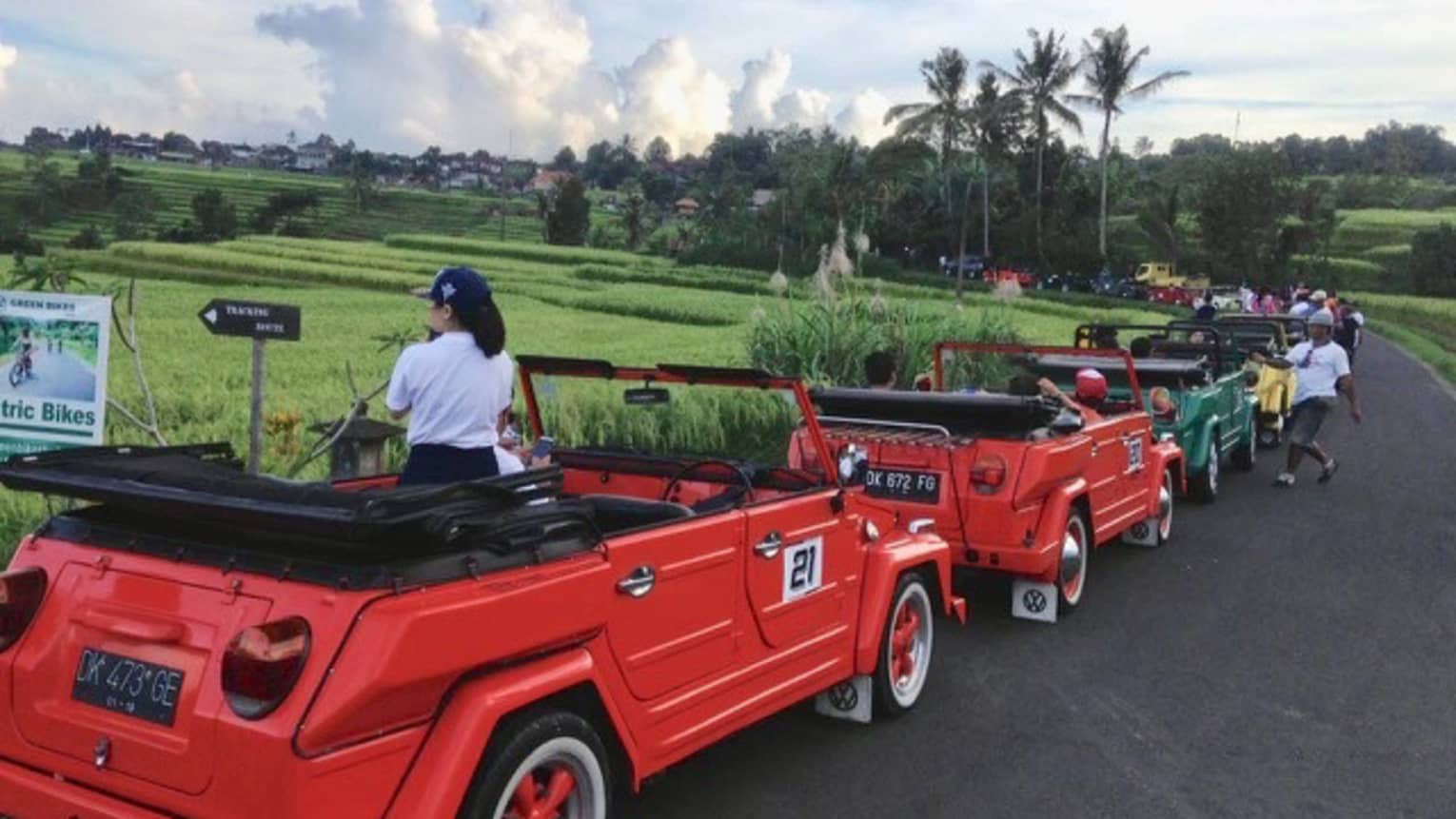 Colourful VW 181 convertible safari cars parked along road by field