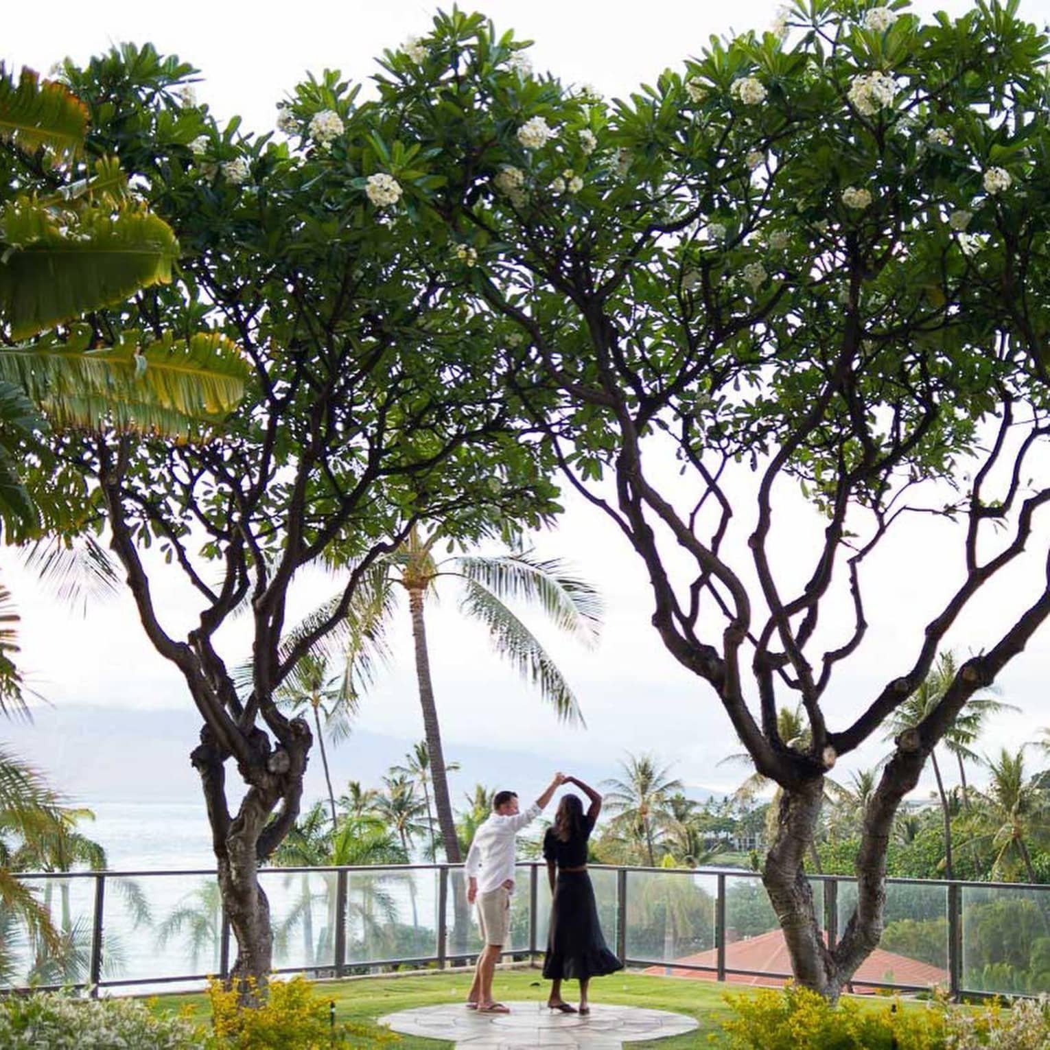 Couple dancing under blooming plumeria trees with ocean views and tropical greenery in the background