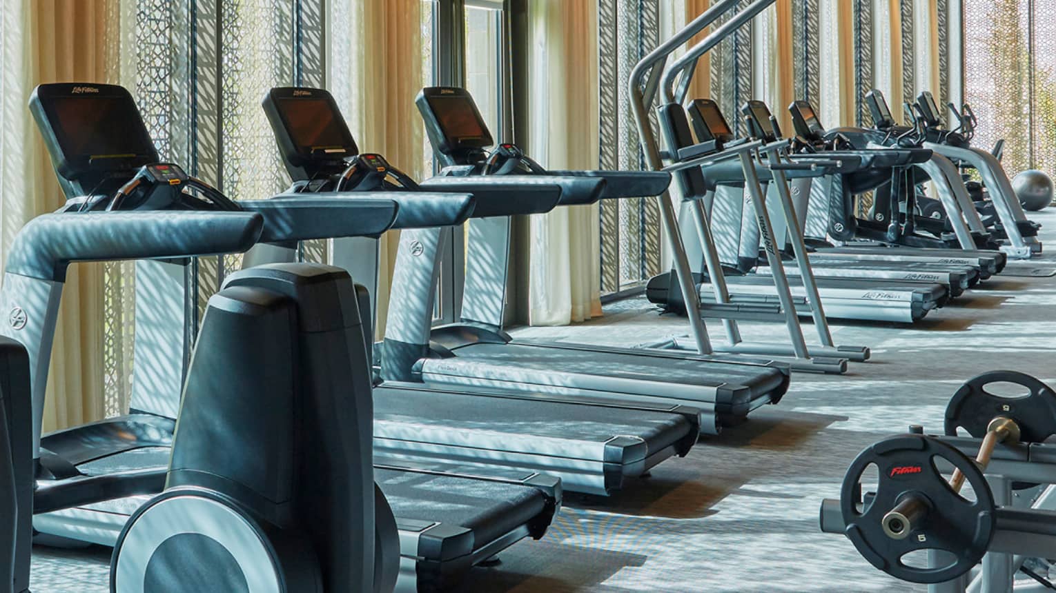 Fitness Centre cardio machine lined up against window with screen, recessed wood beam ceilings with orange lights