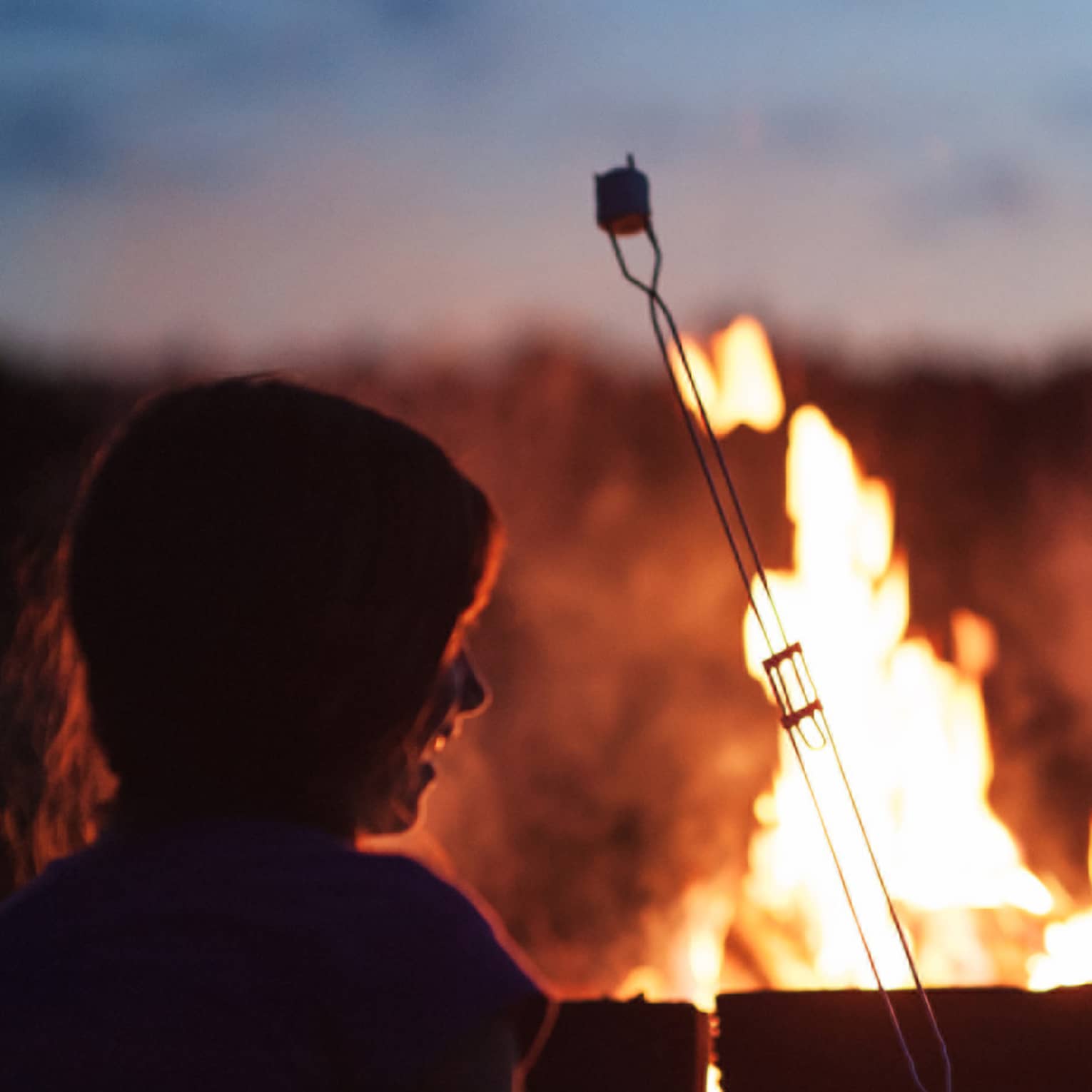 Silhouette of two children roasting marshmallows in front of roaring bonfire