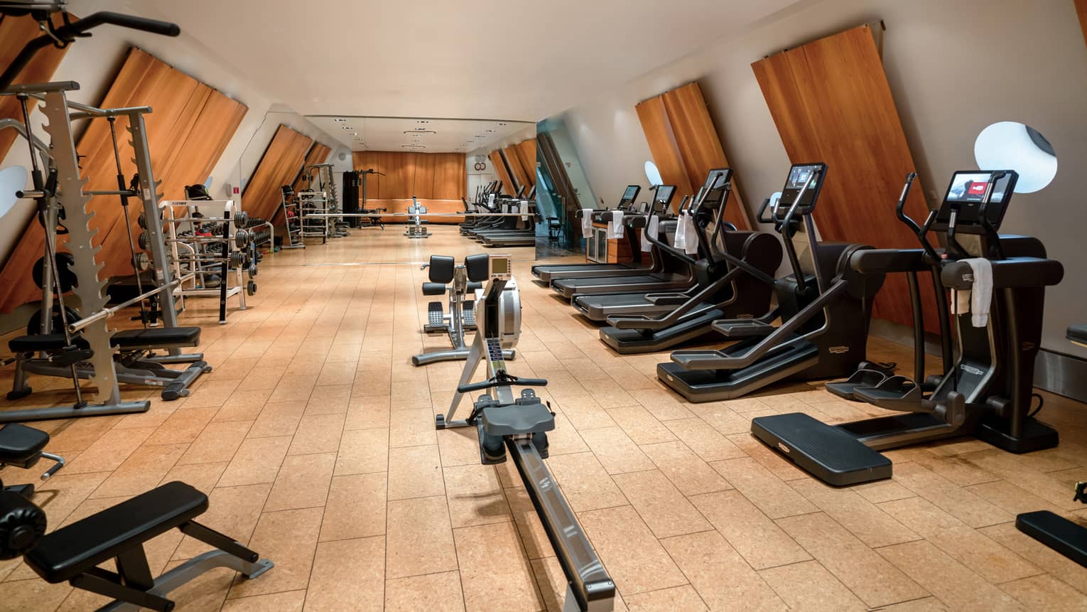 Fitness centre with rowing machine in middle, treadmills on right and weight equipment on left