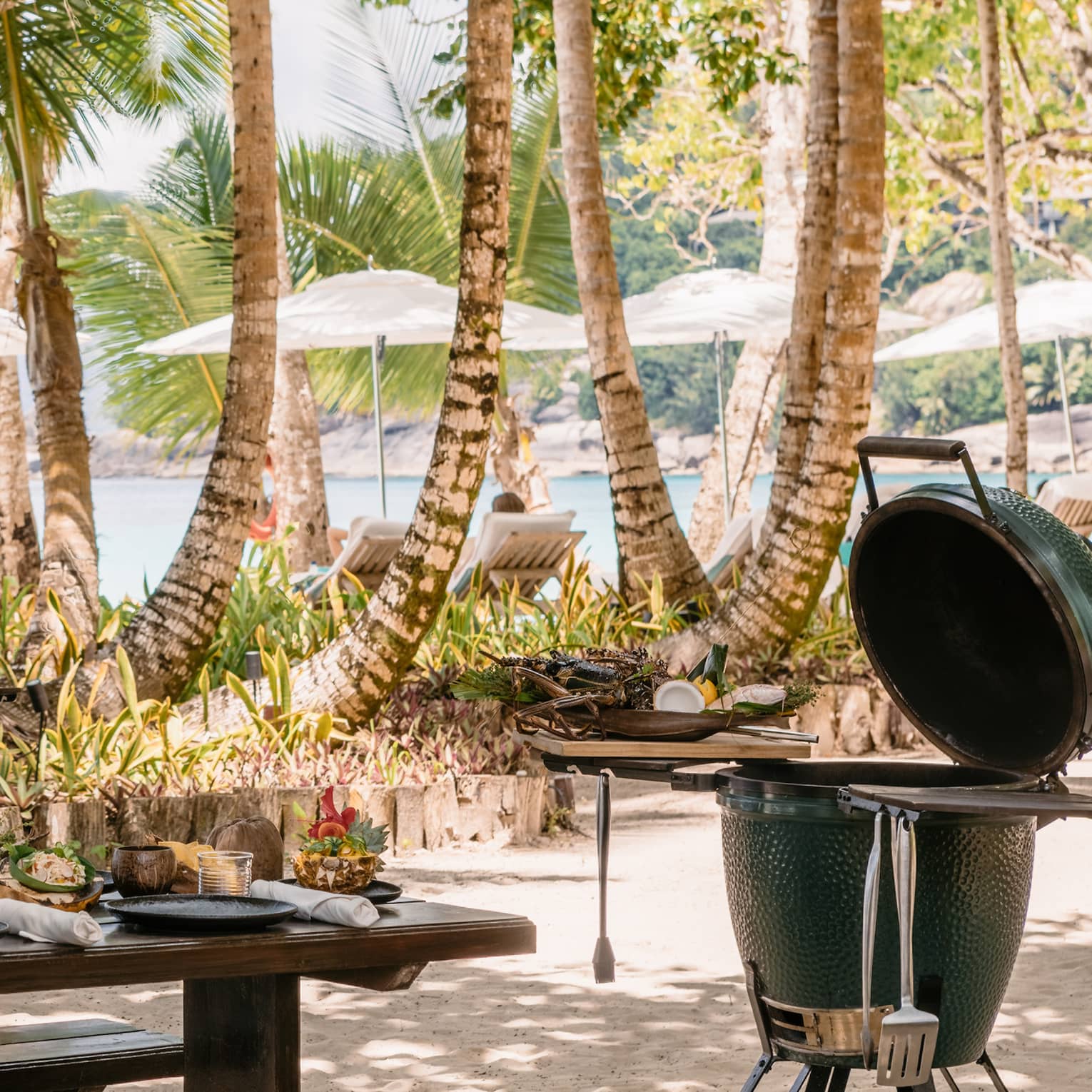 BBQ and grill equipment outside near a table and palm trees.