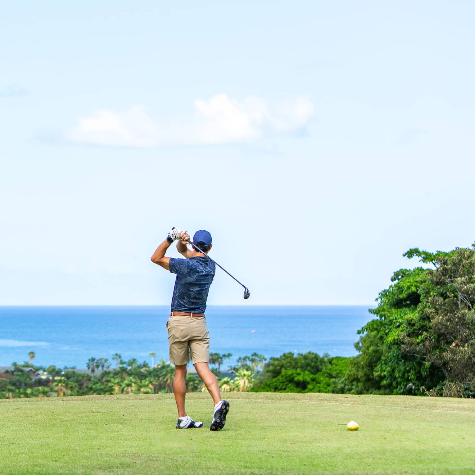 ,A man playing gold near palm trees and and ocean.