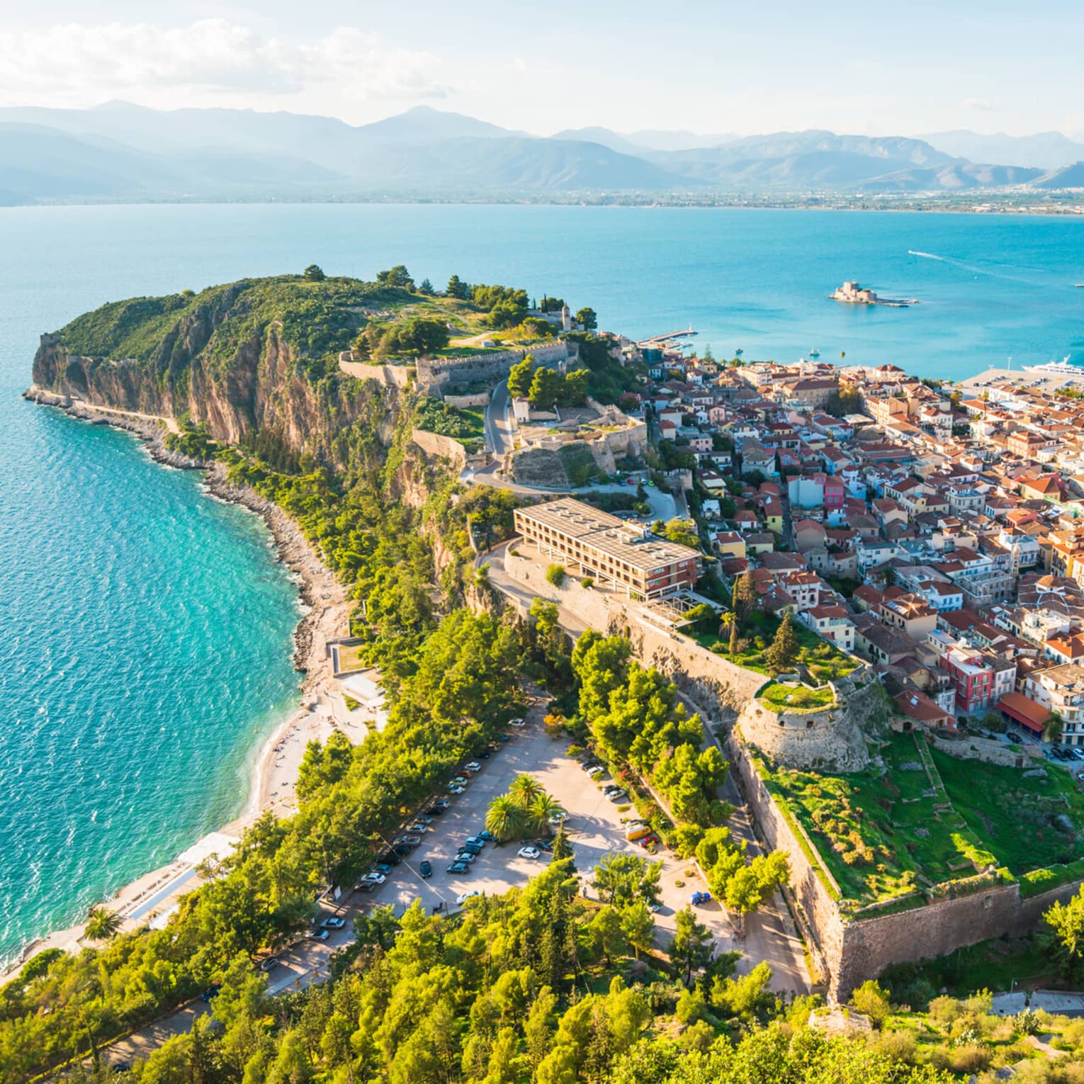 An aerial view of the city of Nafplion, Greece on a sunny day