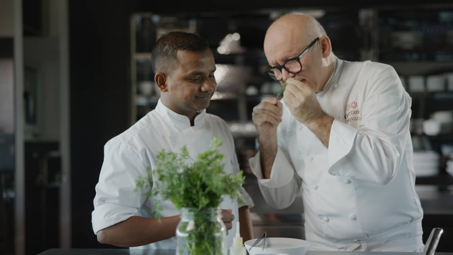 Chef Gaetano Trovato and his apprentice in the kitchen at Blu Beach Club