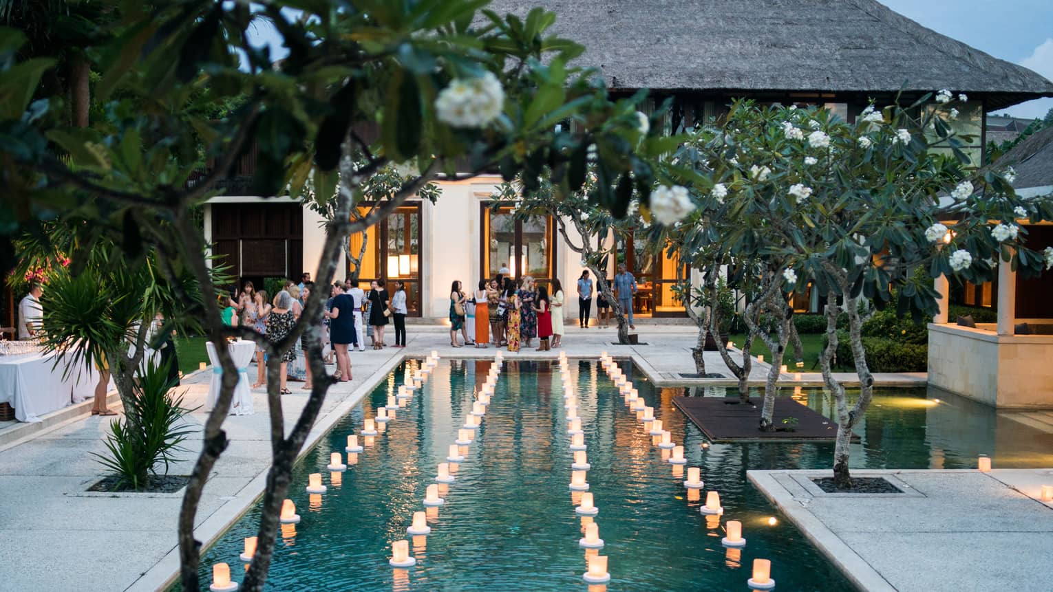 View past tropical tree to guests at patio reception around pool with floating candles