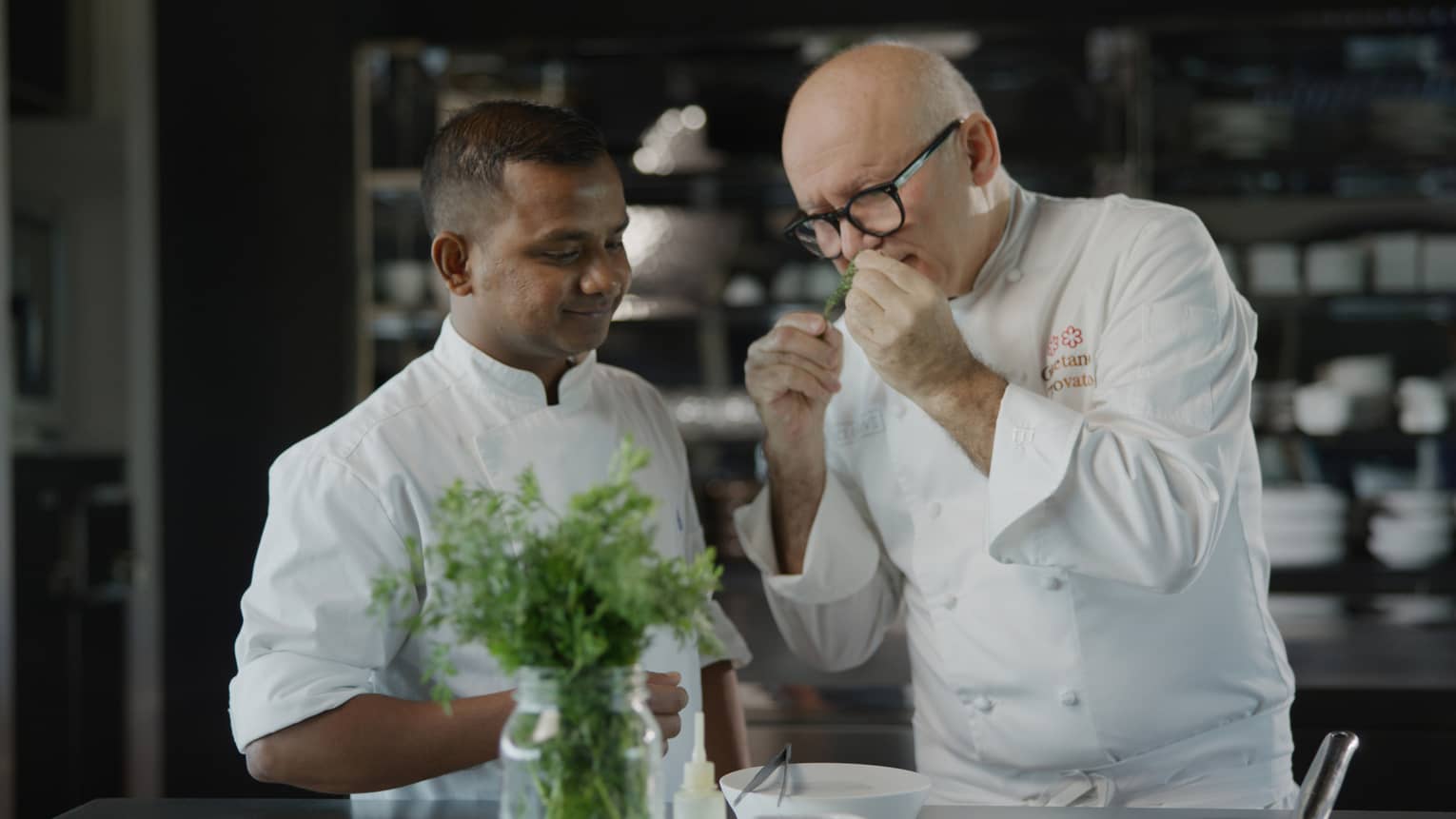 Chef Gaetano Trovato and his apprentice in the kitchen at Blu Beach Club