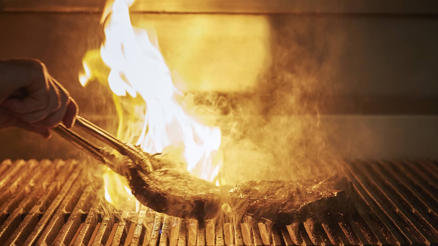 Several steaks being grilled over an open fire.