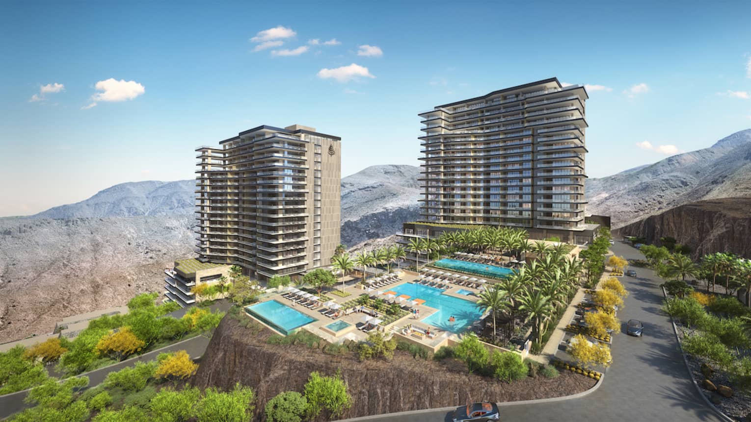 Rendering of aerial view of residence and pools