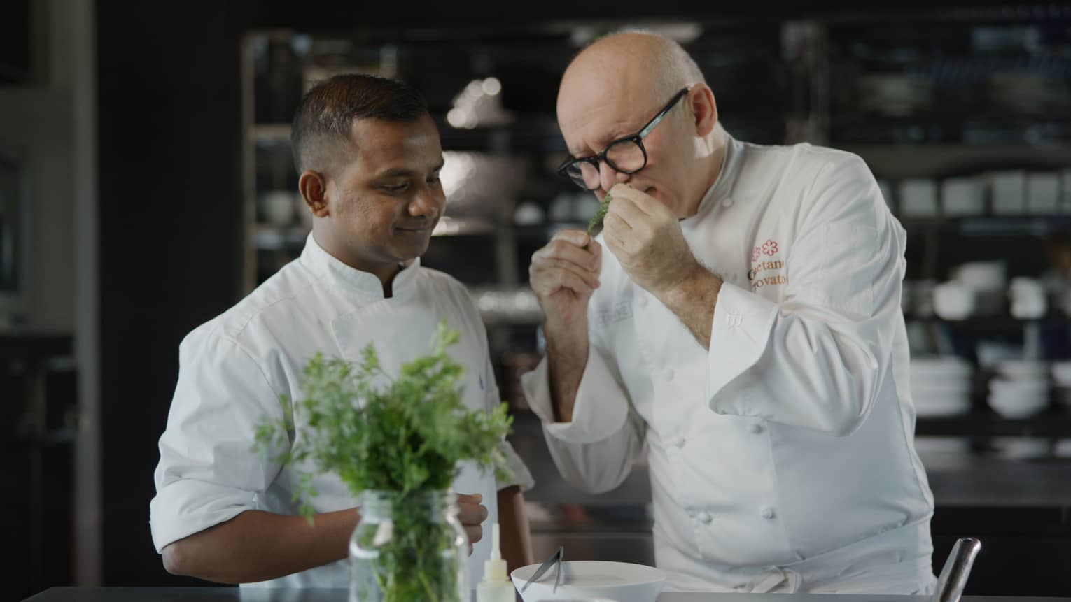 Chef Gaetano Trovato and his apprentice in the kitchen at Blu Beach Club