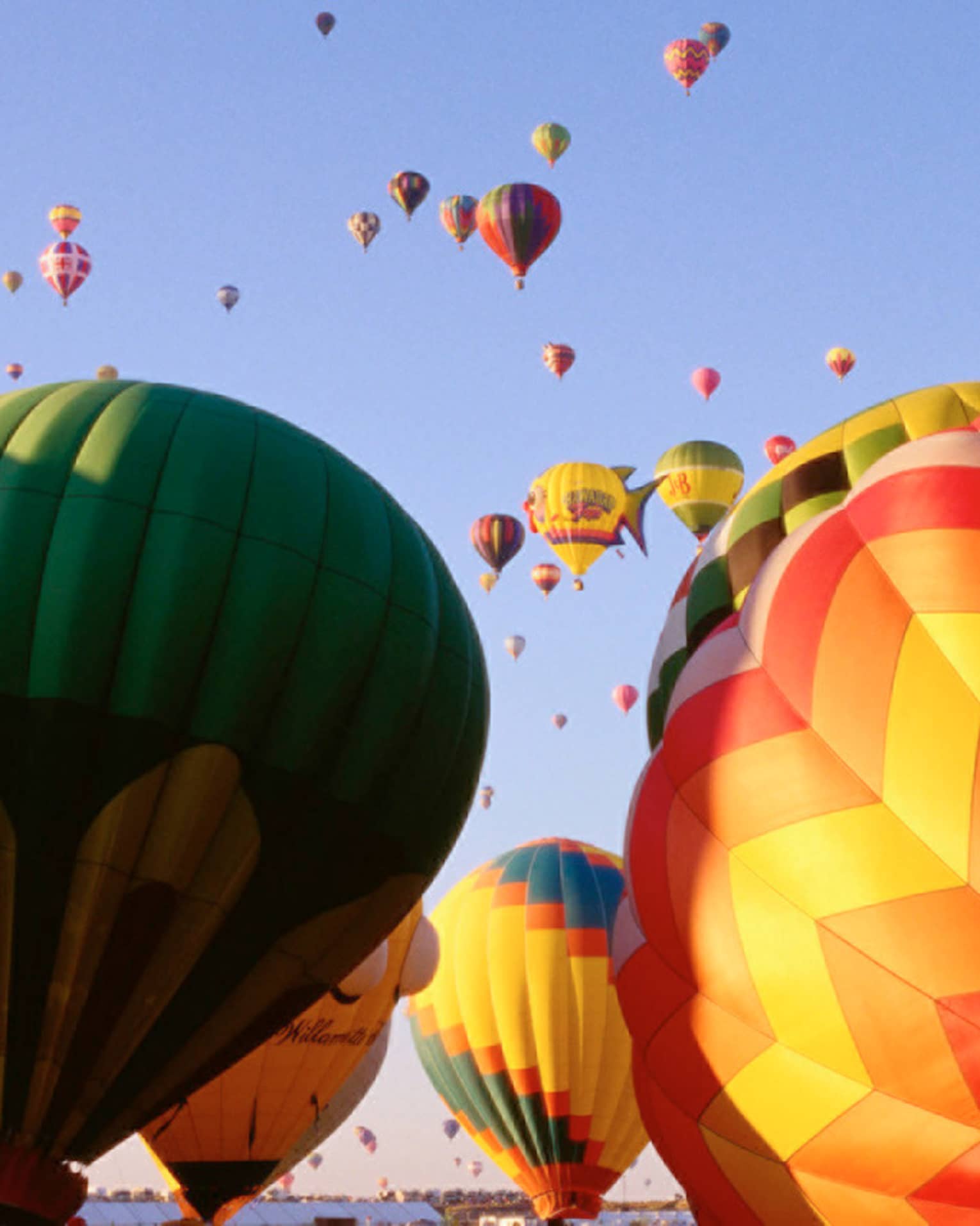 Clusters of colourful hot air balloons rising into blue sky