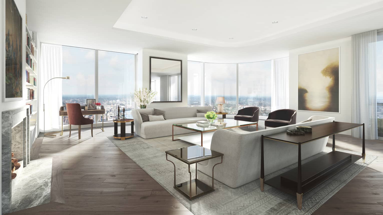 Living room of Private Residence with full windows and living furniture 