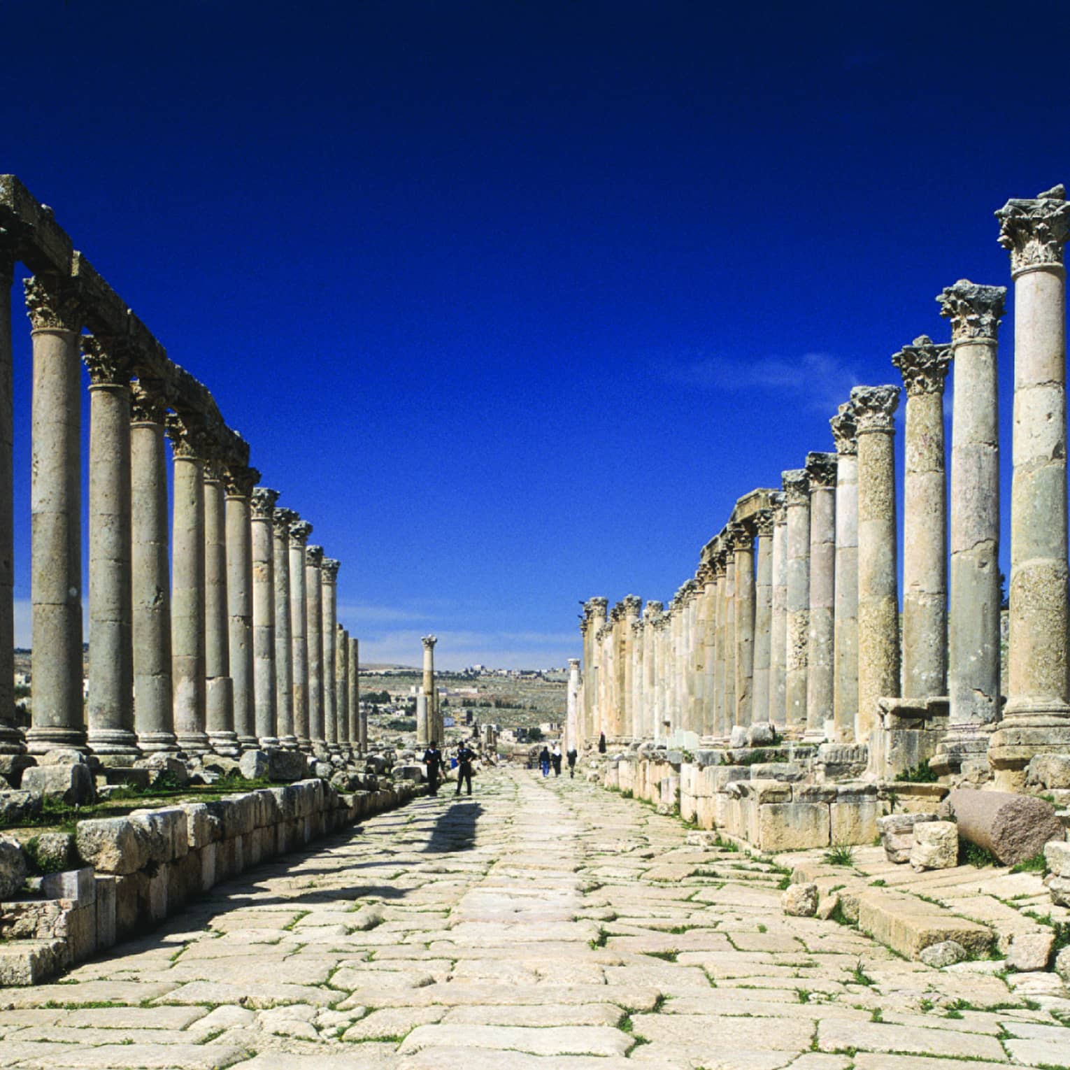 A series of pillars aligning a stone walkway.