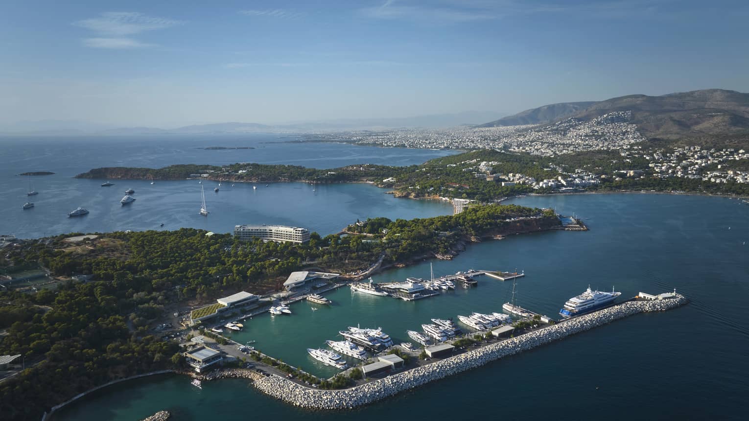 Aerial view of marina filled with yachts