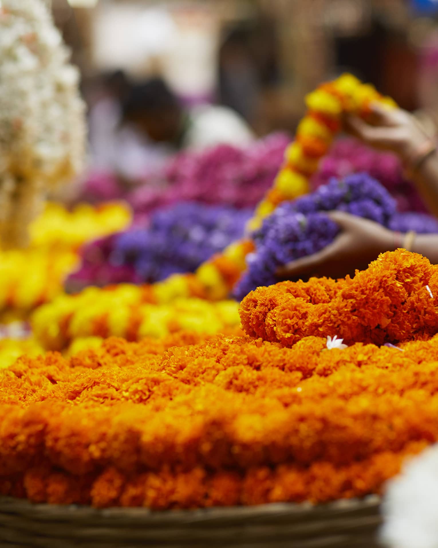 Close-up of vibrant chains of flowers amid a bustling market scene, where people sell and browse colourful floral displays.