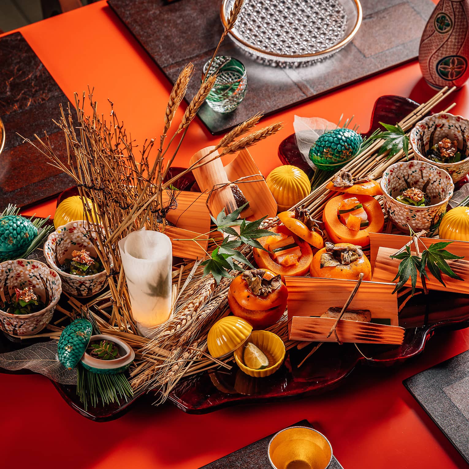 A spread of tender wagyu-shigure, silky gindara, Kuri Shibukawa-ni and a persimmon-and-daikon-vinegar salad