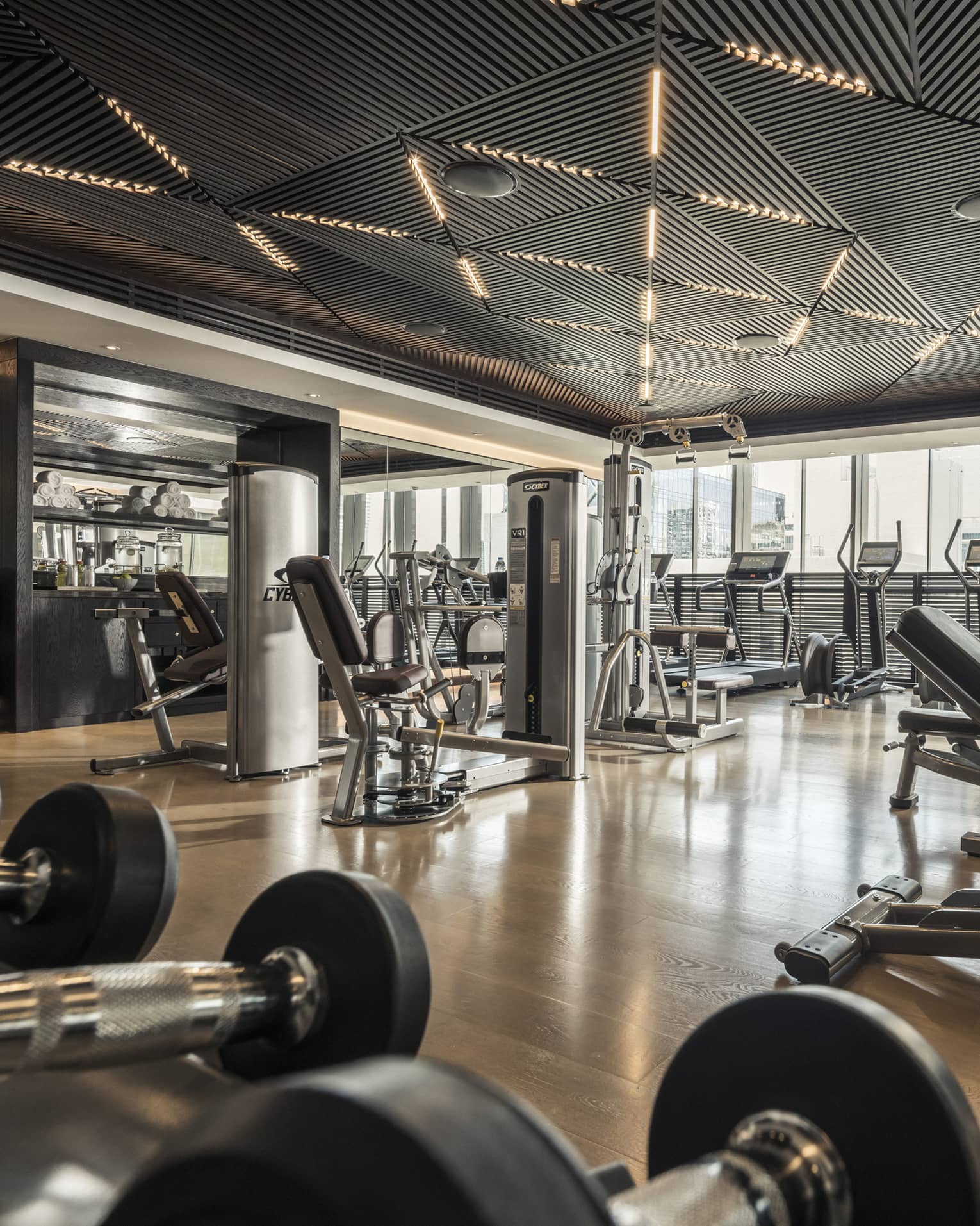 Cardio machines and weight stations line the Fitness Centre
