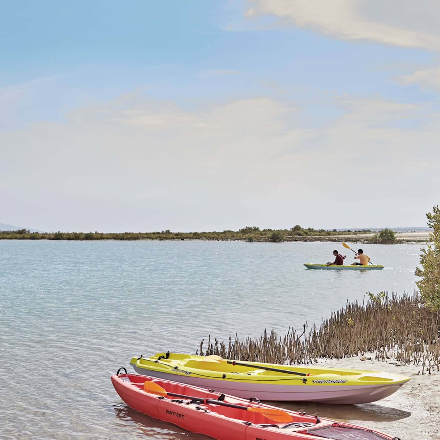 Two beached kayaks – one red, one yellow – amid grass and shrubs; two people paddling in a tandem kayak in the distance.