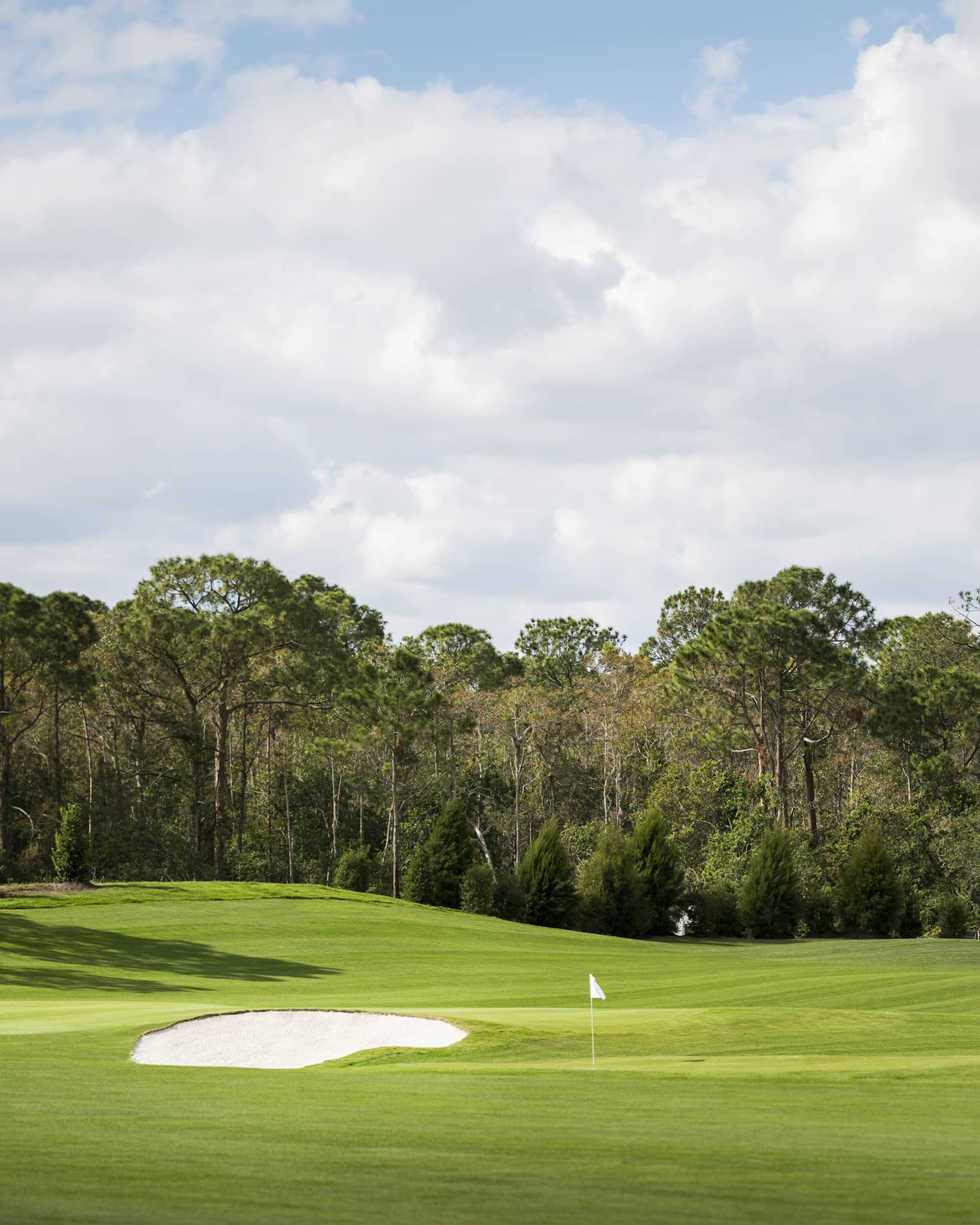 View over large green golf course driving range, trees