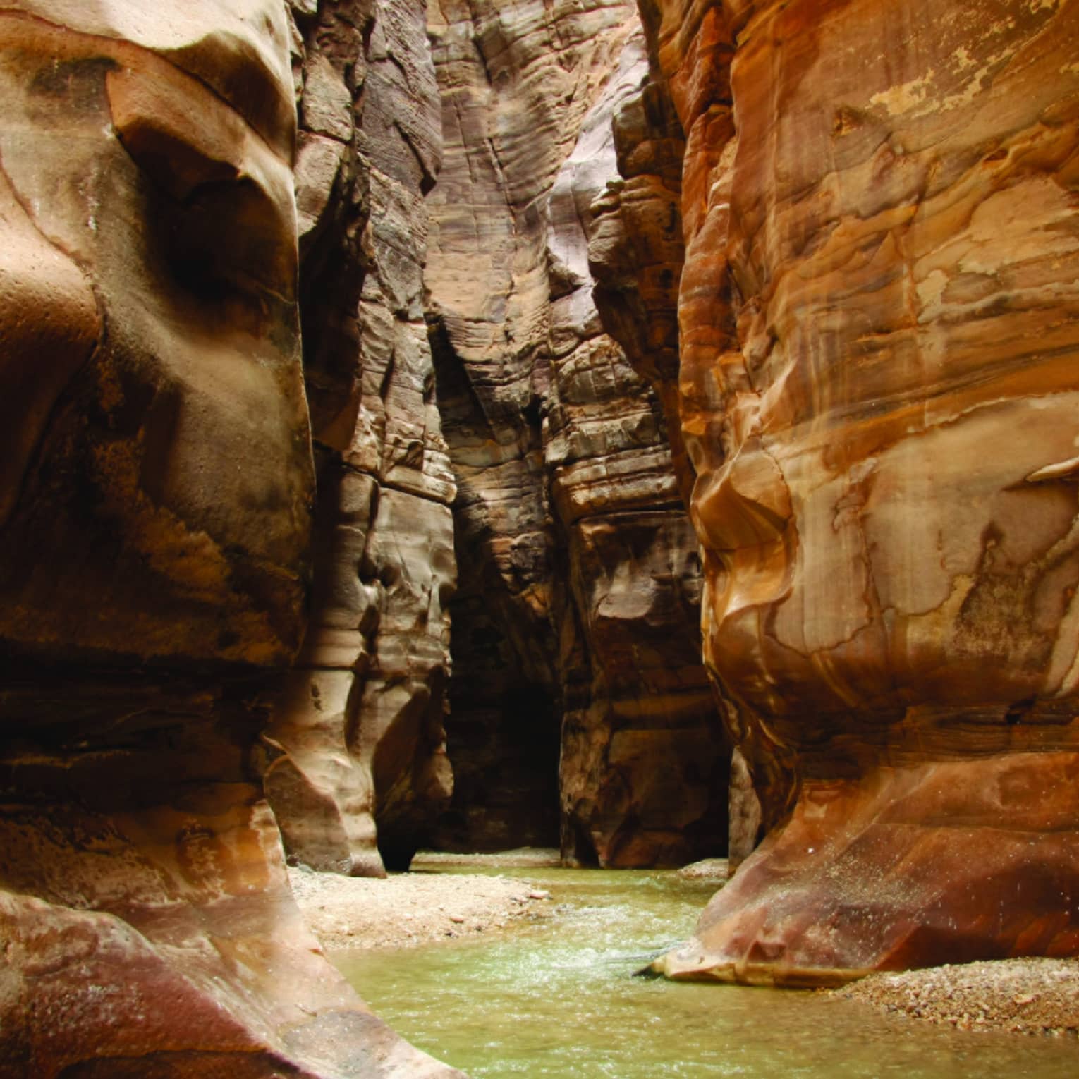 A narrow waterway runs between curved sandstone cliffs in Wadi Mujib