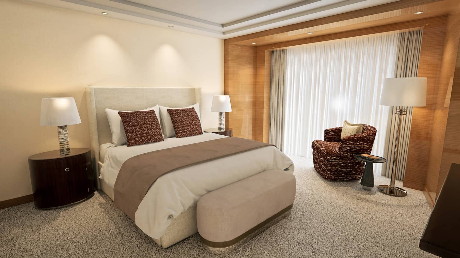 Hotel room featuring a king bed and armchair by the window