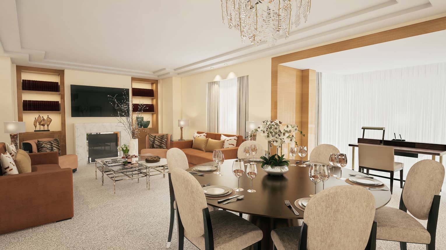 Hotel suite featuring a living area and dining area with chandelier