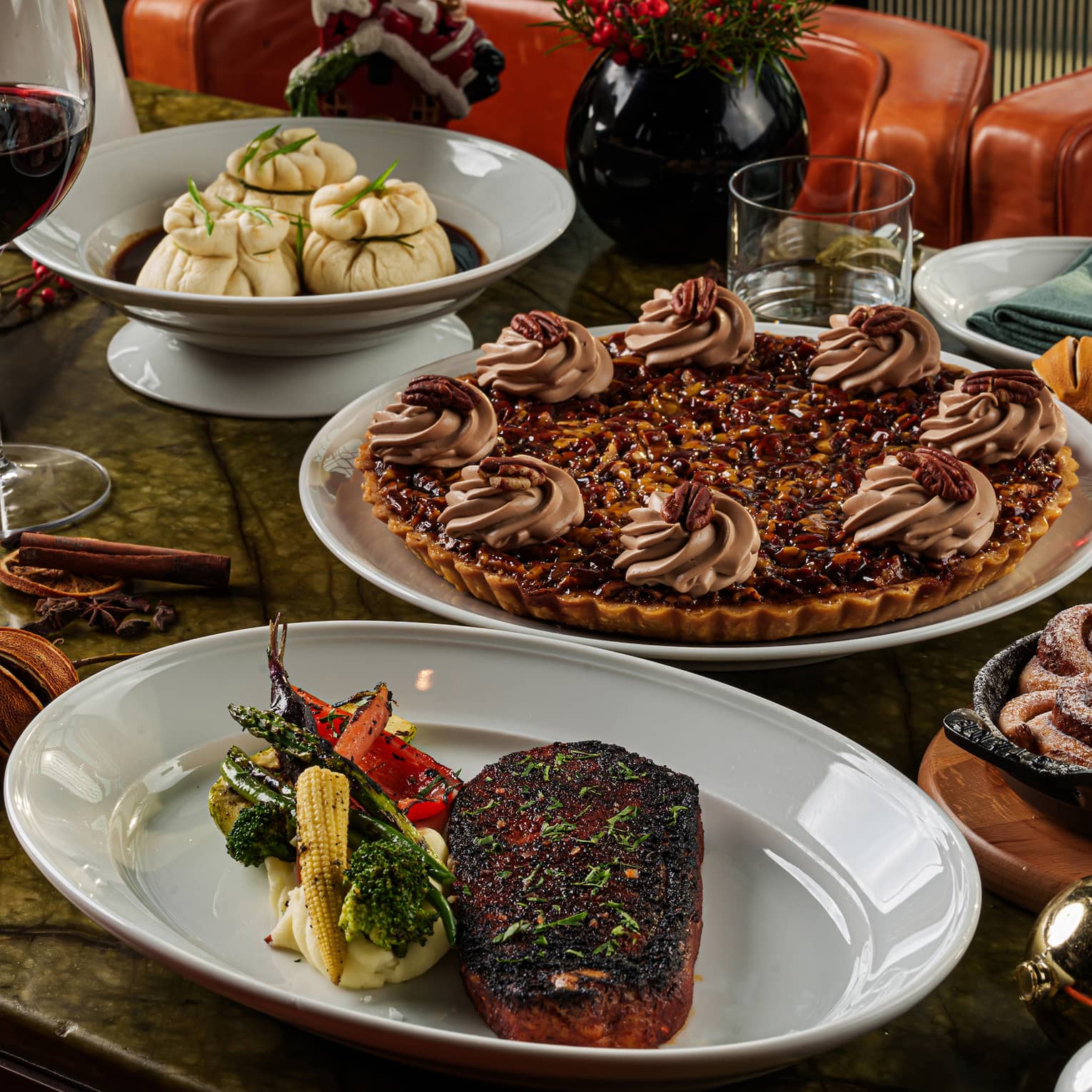 An assortment of foods including pie, steak, and more.