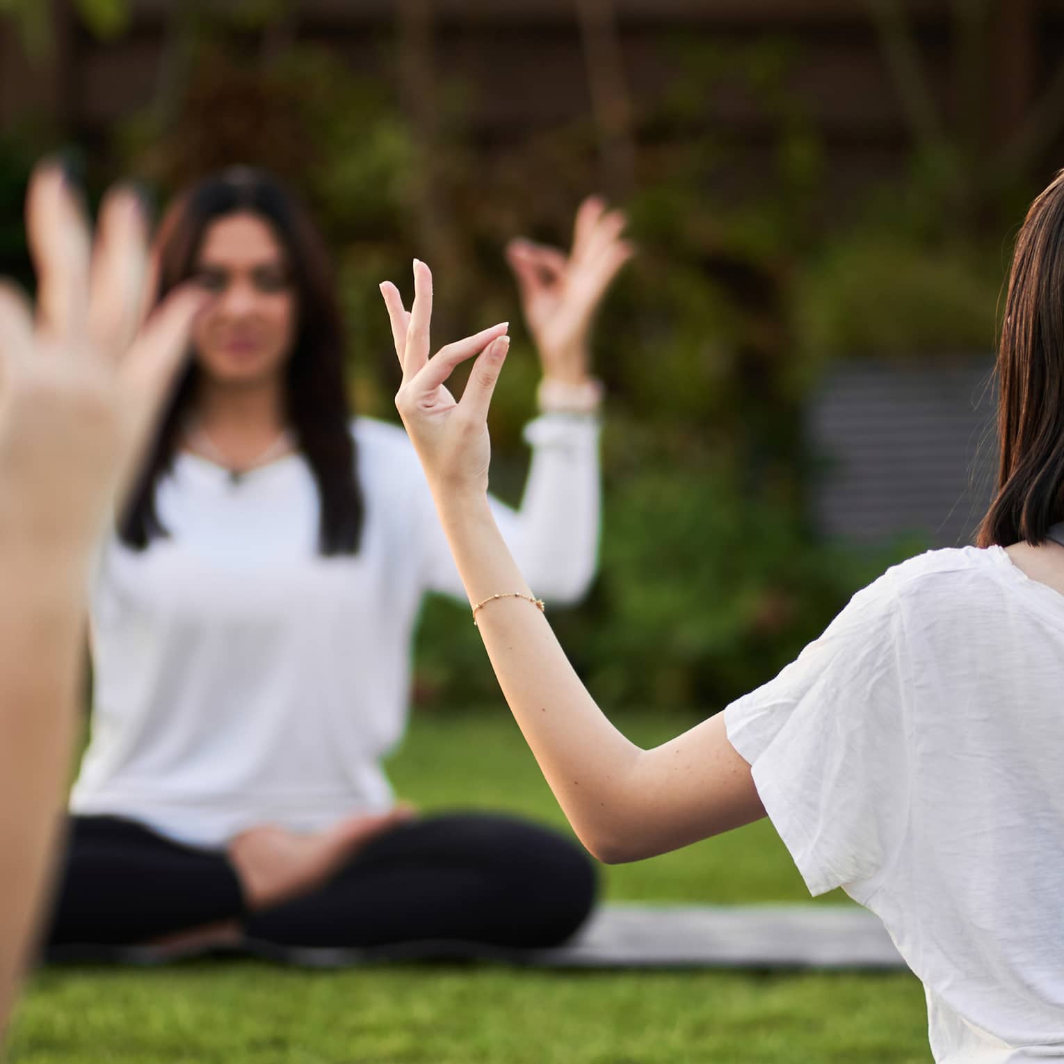 Guests doing yoga outdoors on yoga mats with trees in the background