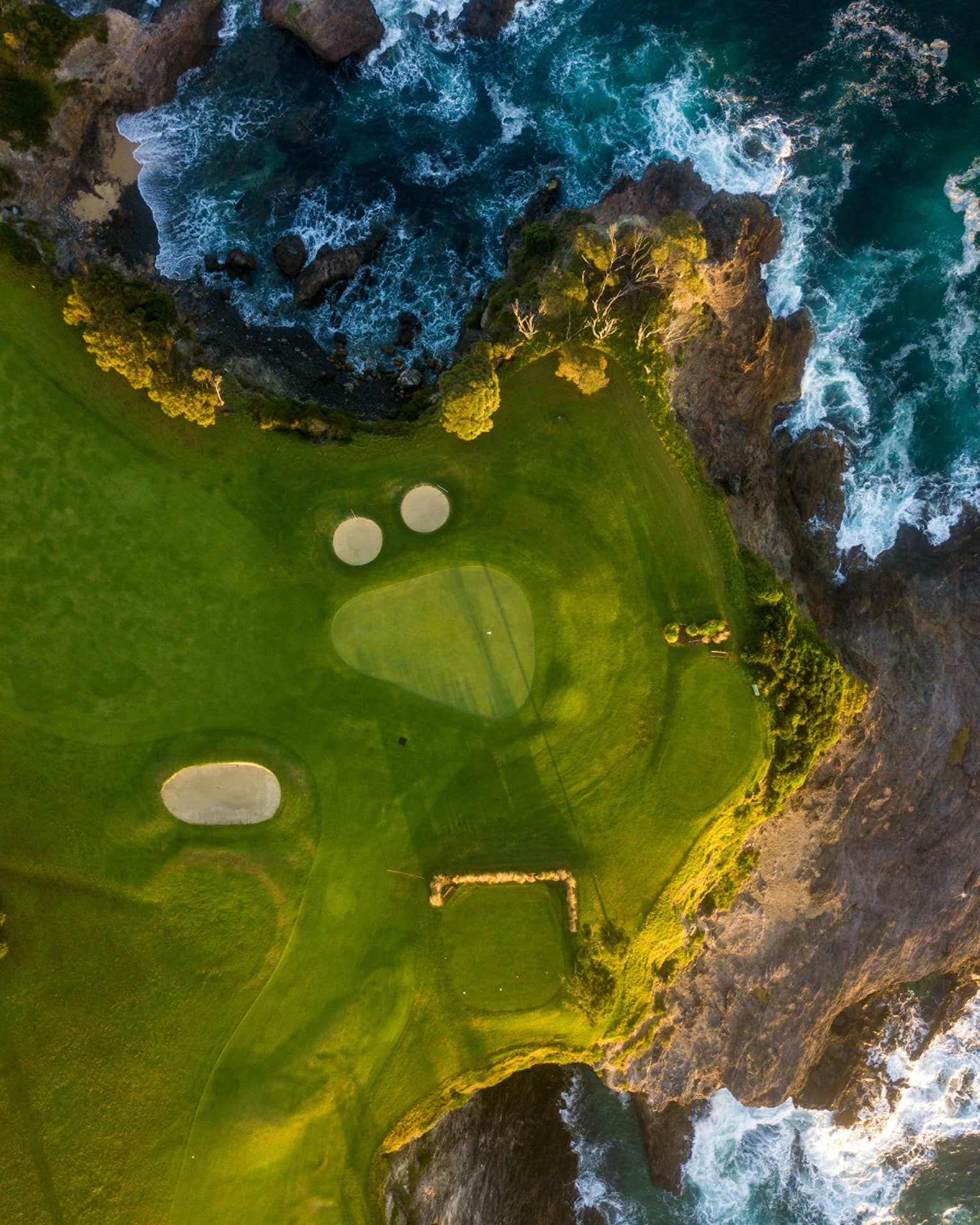 Aerial view of coastal golf course with craggy shores