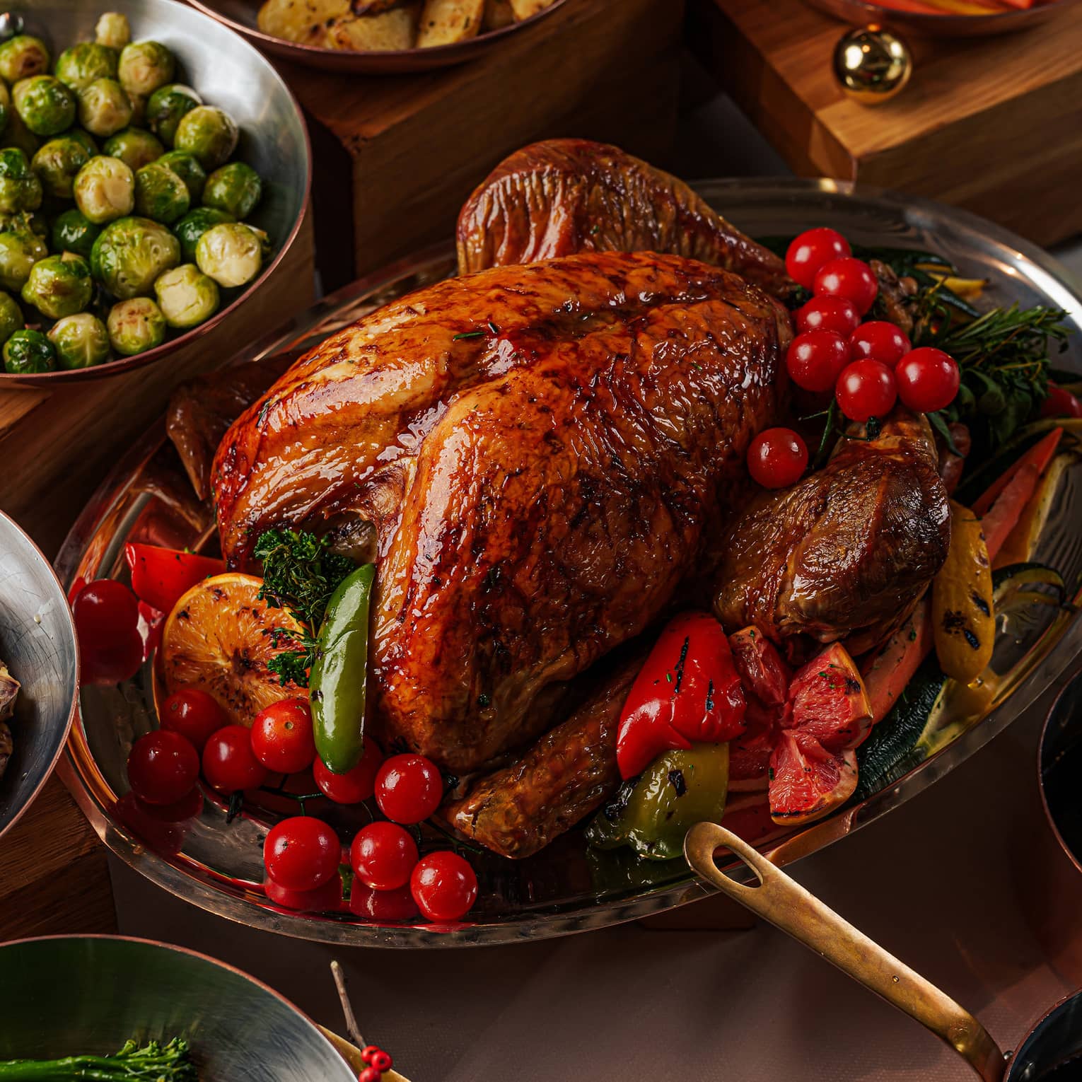 Whole roasted turkey on a silver platter
