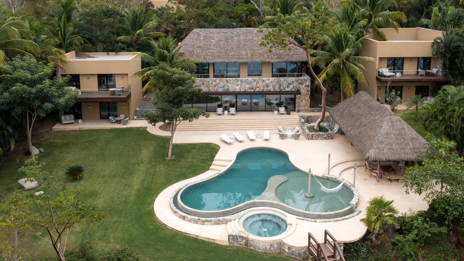 Aerial view of residence rental and private pool