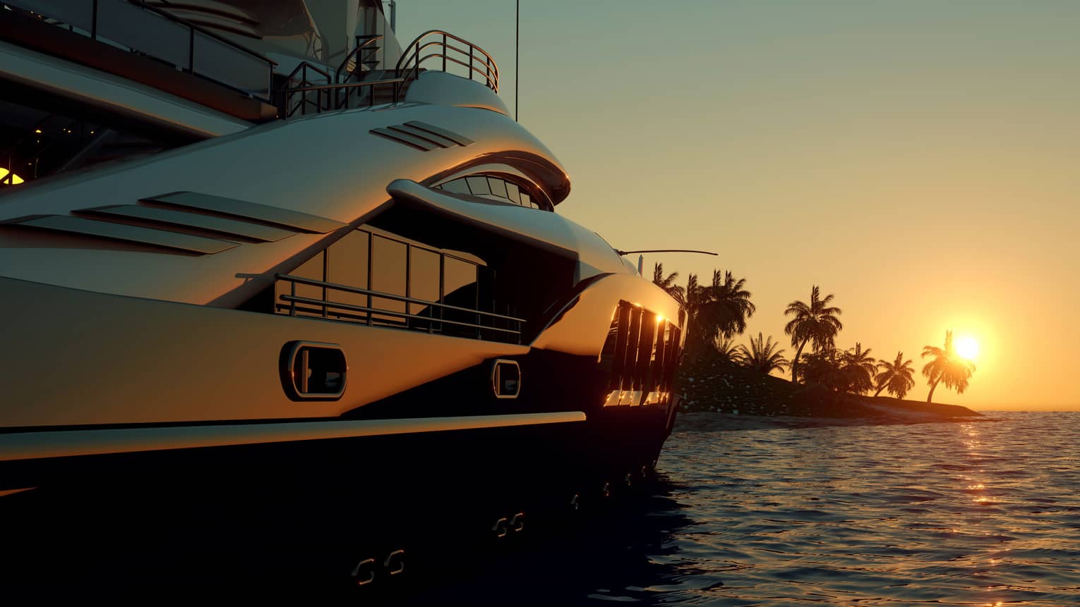 A boat cruises on clear waters at sunset