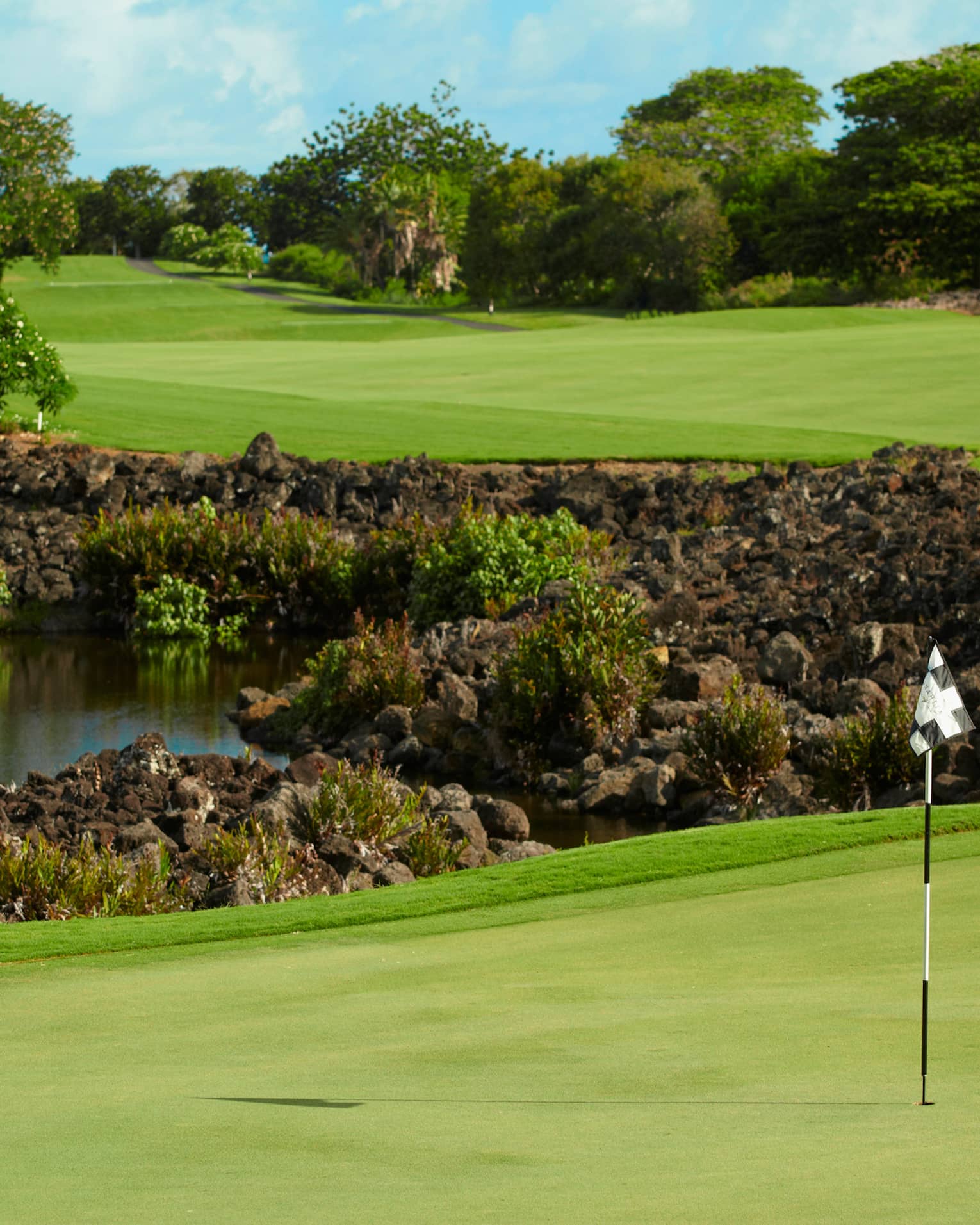 Flag, pole on golf course green near rocks, water 
